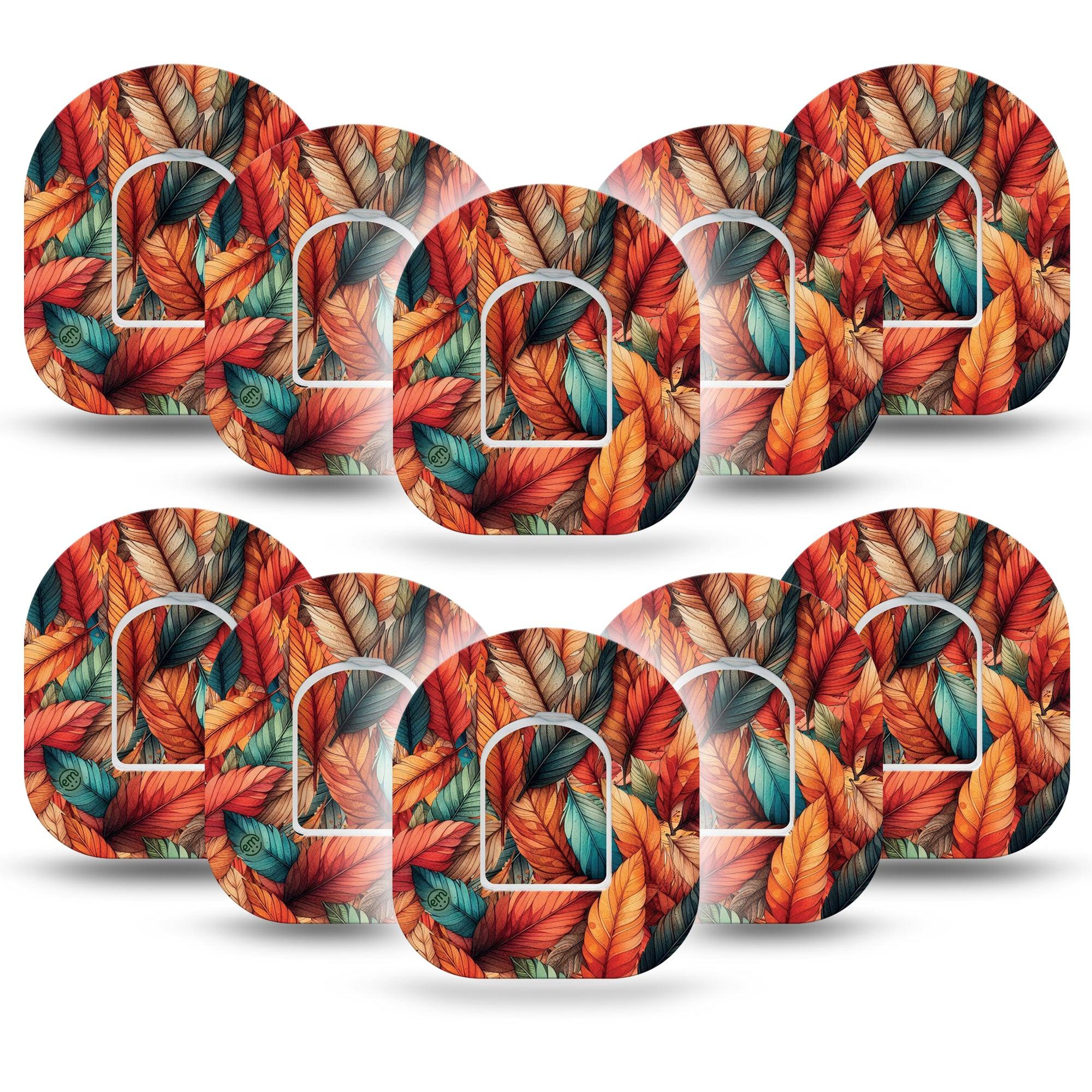 ExpressionMed Fall Leaf Feathers Omnipod Tape 10-Pack Tape and 10-Pack Sticker Decorative Fall Inspired Feathers Adhesive Patch Pump Design