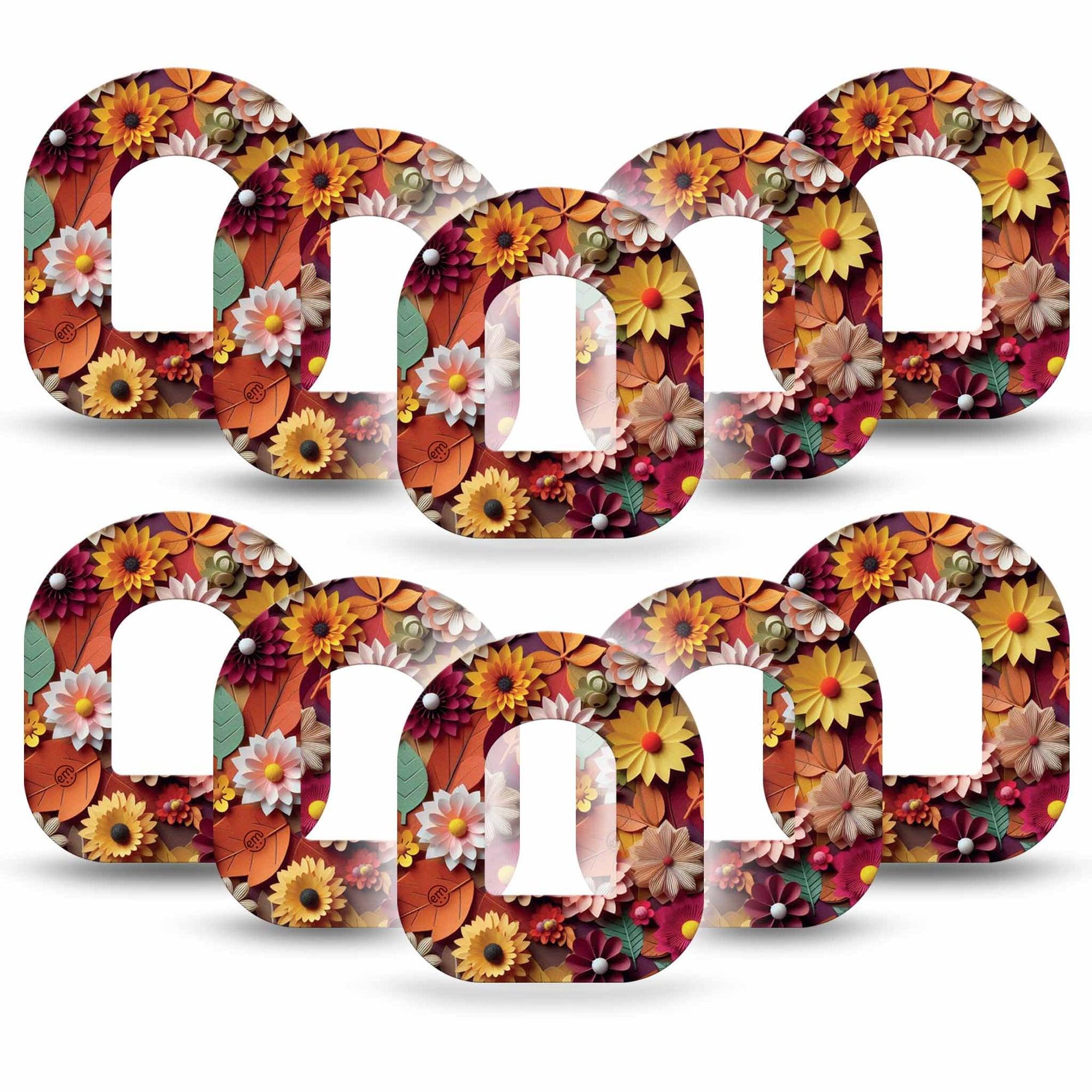ExpressionMed 3D Floral Omnipod Tape 10-Pack Autumn Flowers and Leaf Paper Art, Adhesive Patch Pump Design