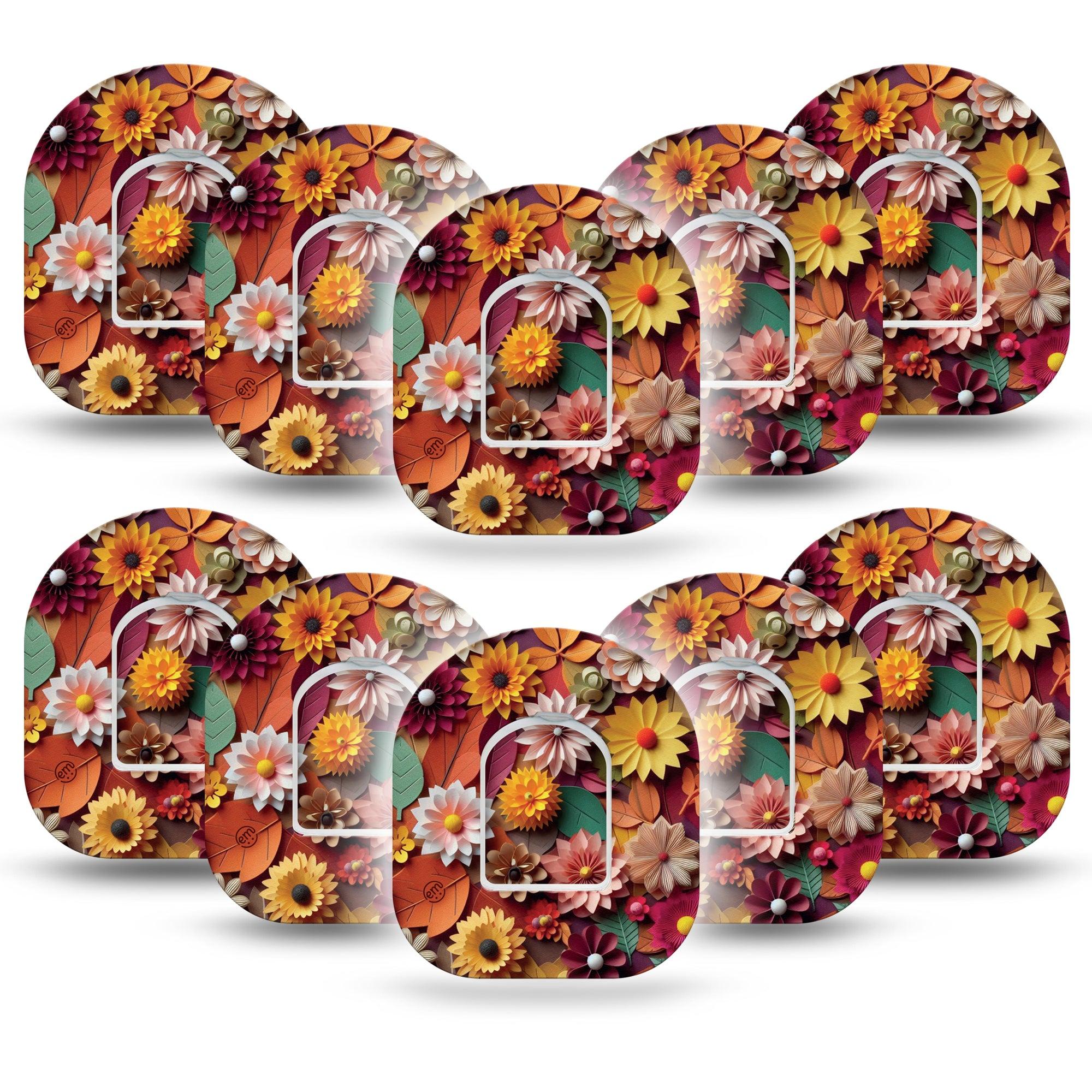 ExpressionMed 3D Floral Omnipod Tape 10-Pack Tape and 10-Pack Sticker Fall Foliage and Florals Adhesive Patch Pump Design