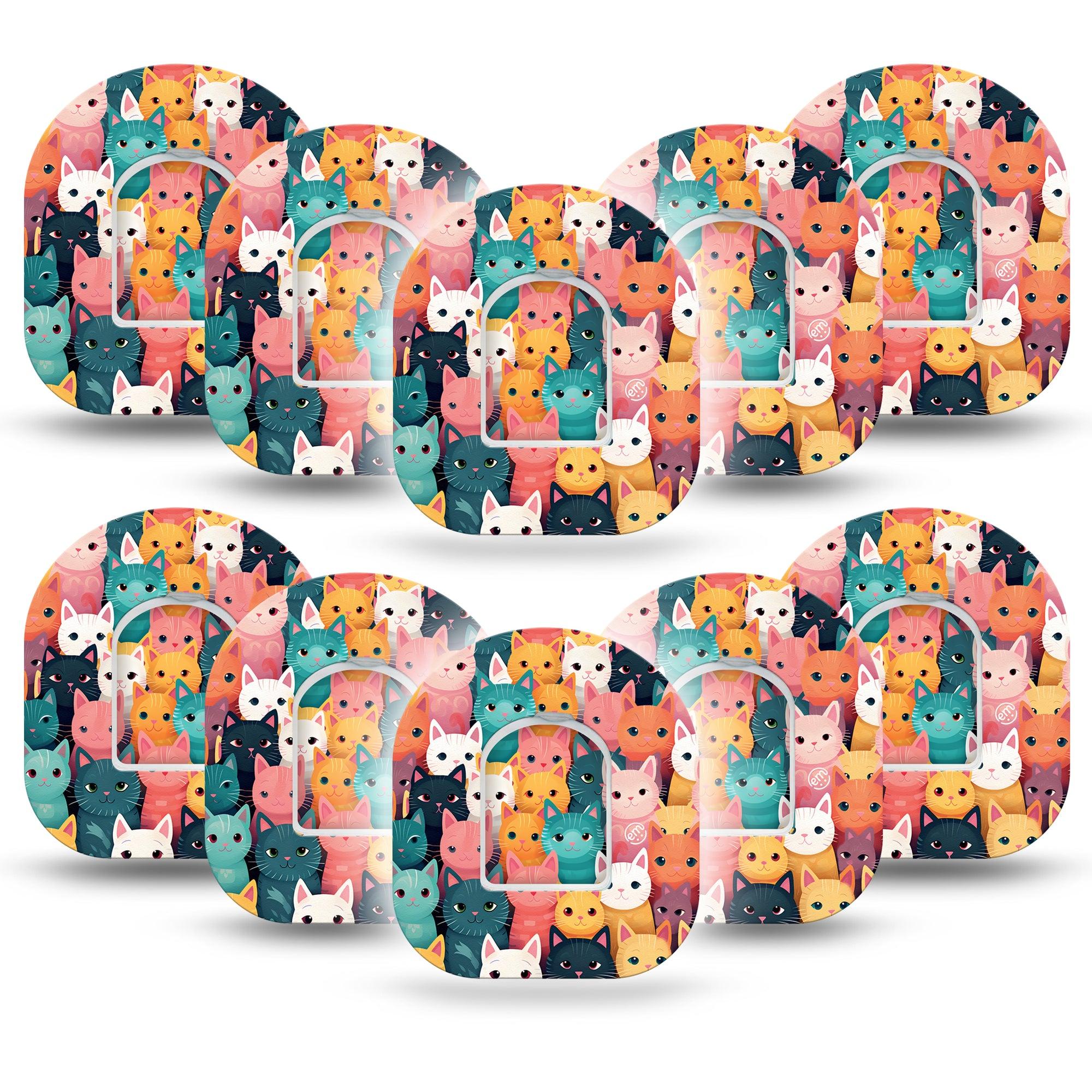 ExpressionMed Rainbow Cats Omnipod Tape, 10-Pack Tape and 10-Pack Sticker Brightly Colored Cat Drawing, Adhesive Patch Pump Design