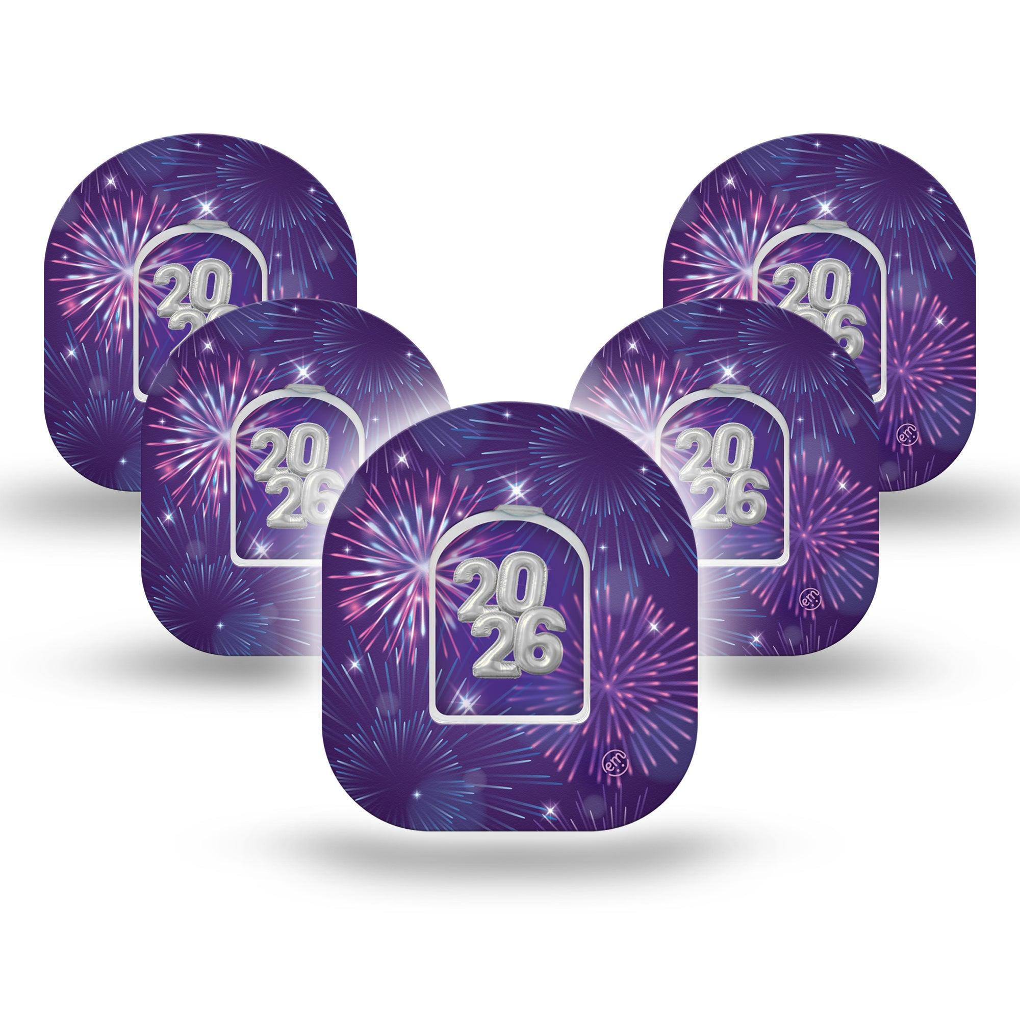 ExpressionMed New Years Celebration Omnipod Tape 5-Pack Tape and 5-Pack Sticker New Year Fireworks, Adhesive Patch Pump Design