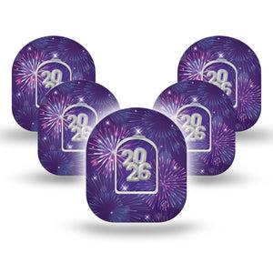 ExpressionMed New Years Celebration Omnipod Tape 5-Pack Tape and 5-Pack Sticker New Year Fireworks, Adhesive Patch Pump Design