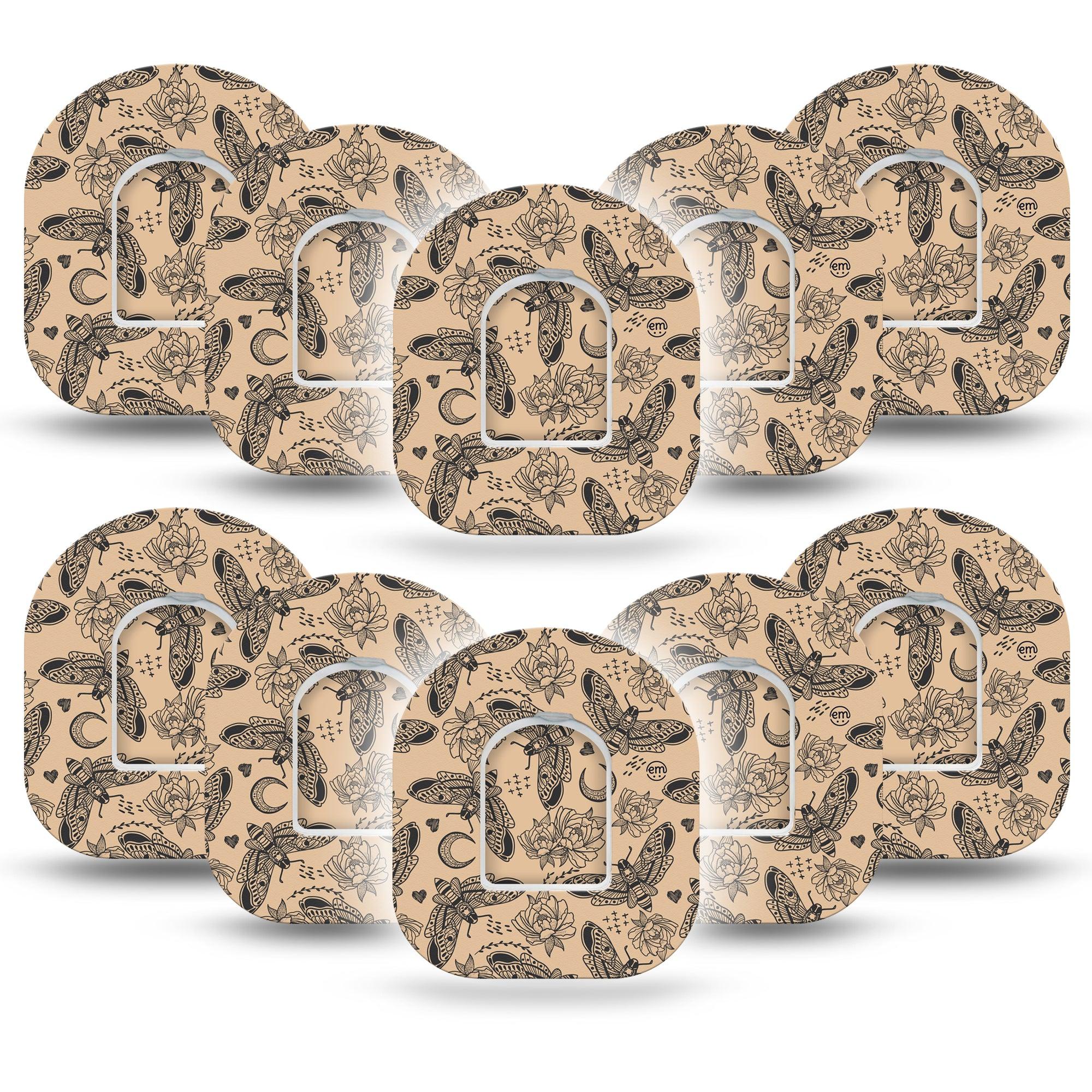 ExpressionMed Tattoo Print Omnipod Mini Tape 10-Pack Tape and 10-Pack Sticker Rose Moth Symbolism Tattoo, Adhesive Tape Pump Design