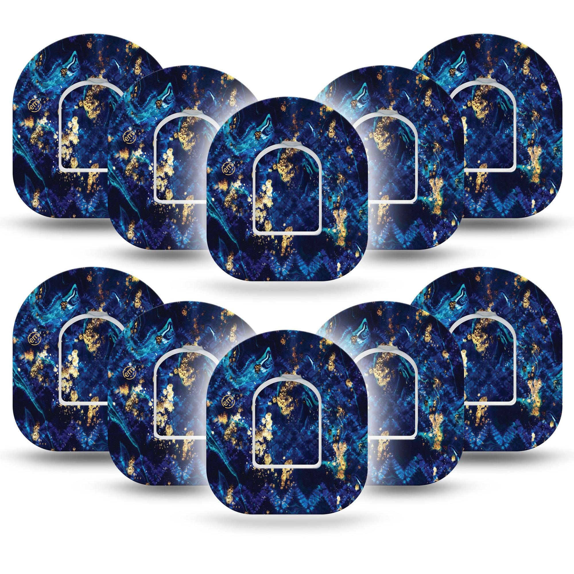 ExpressionMed Molten Midnight Omnipod Tape 10-Pack Tape and 10-Pack Sticker Melted Midnight Blue Herringbone Gold Detail, Adhesive Patch Pump Design