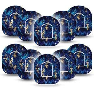 ExpressionMed Molten Midnight Omnipod Tape 10-Pack Tape and 10-Pack Sticker Melted Midnight Blue Herringbone Gold Detail, Adhesive Patch Pump Design