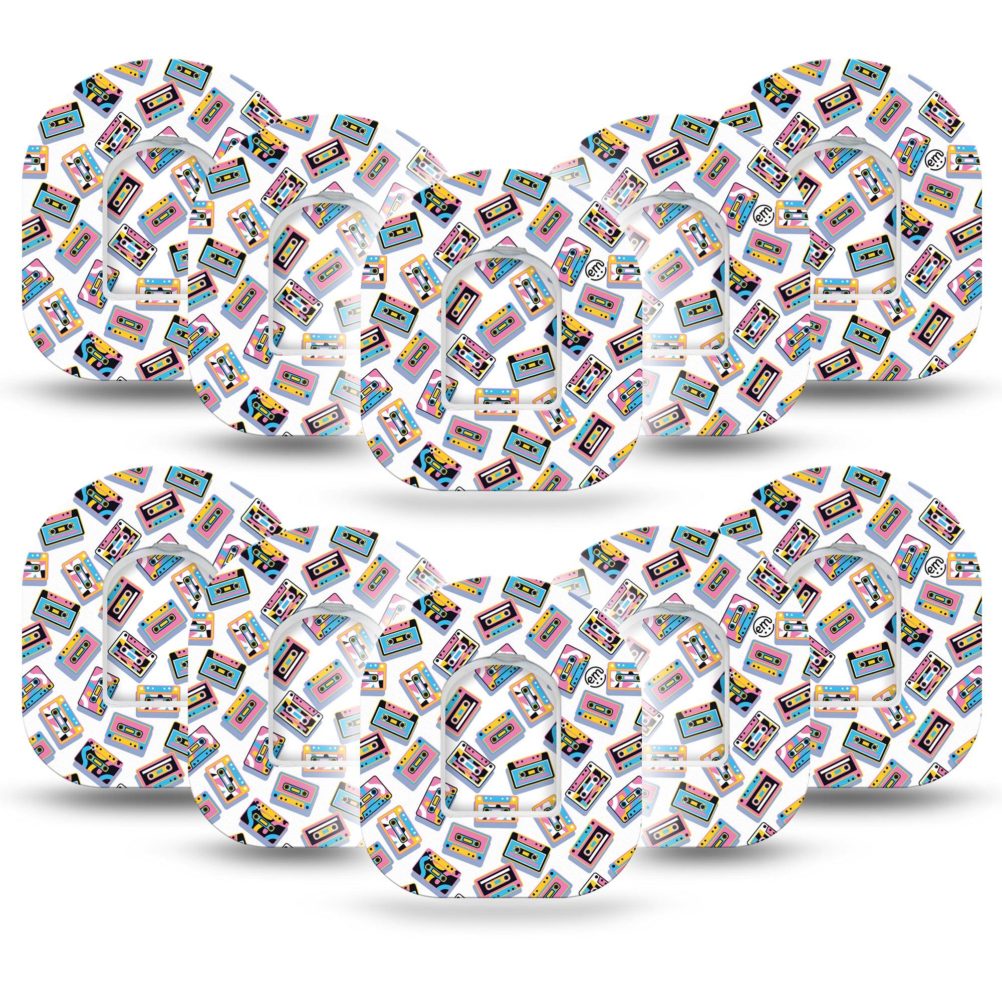 ExpressionMed Vintage Music Tapes Omnipod Tape 10-Pack Tape and 10-Pack Sticker Colorful Music Tapes, Adhesive Tape Pump Design