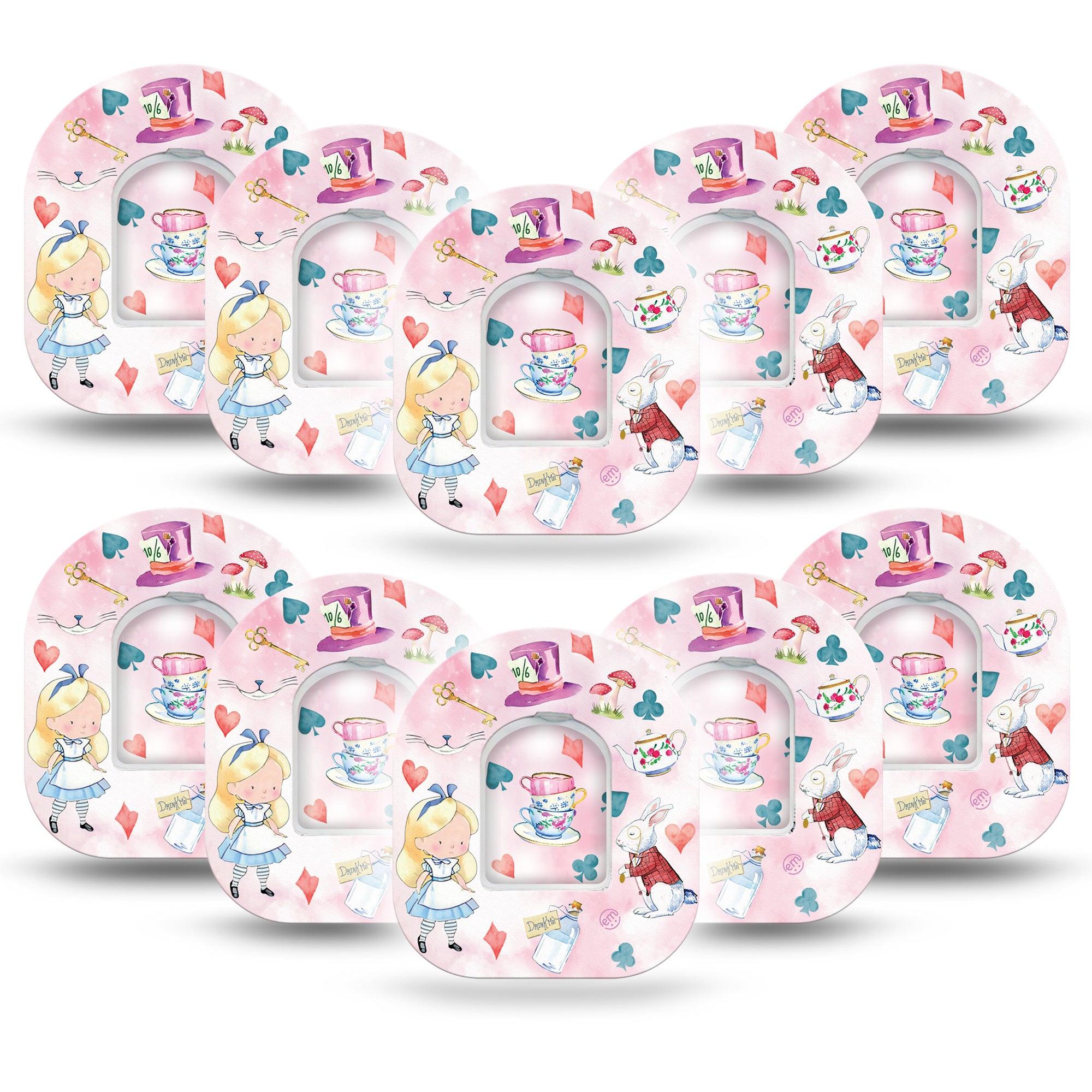 ExpressionMed Alice in Wonderland Omnipod Tape 10-Pack Tape and 10-Pack Sticker Imaginary Story Alice Wonderland, Adhesive Patch Pump Design