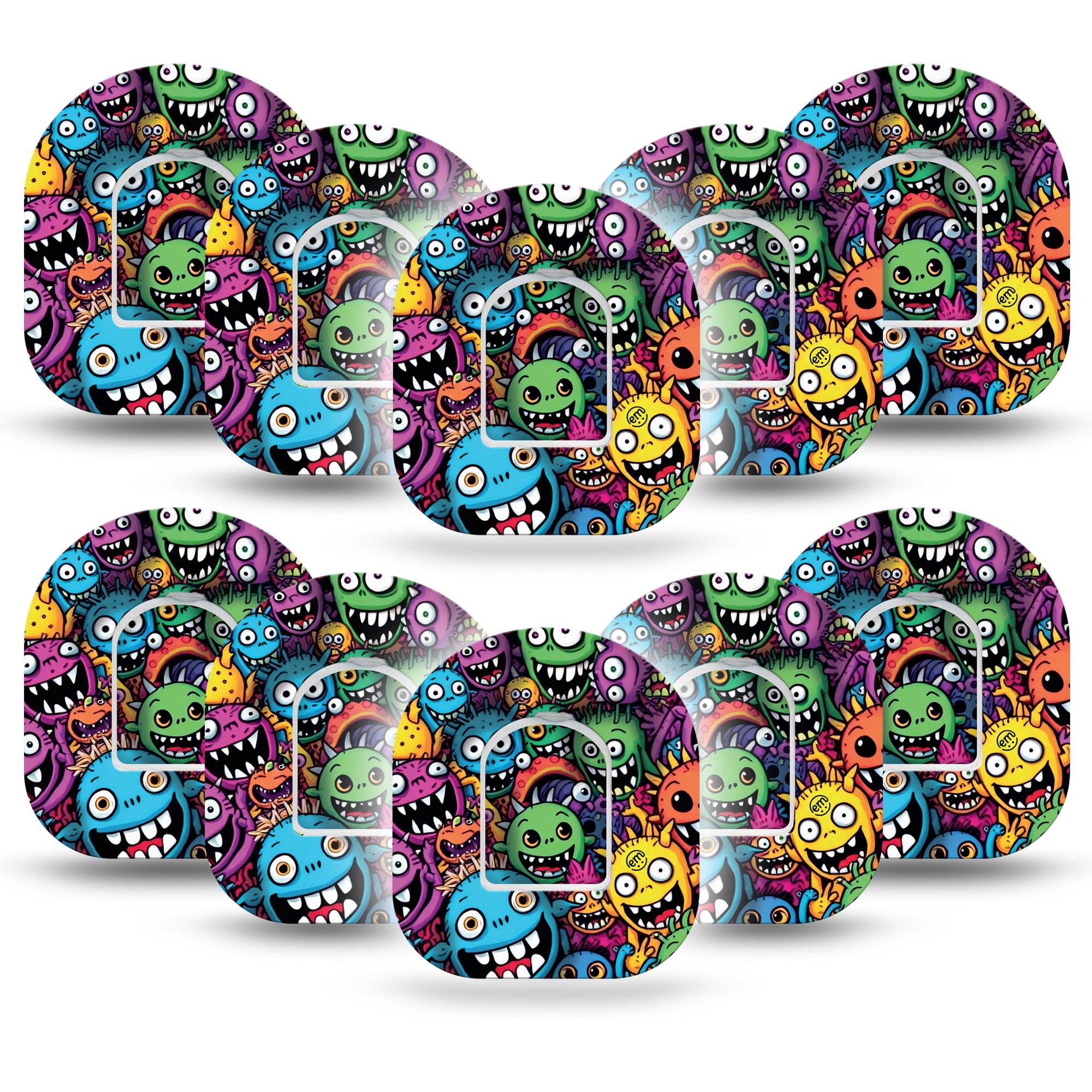 ExpressionMed Funky Monsters Omnipod Tape 10-Pack Tape and 10-Pack Sticker Multicolored Monster, Adhesive Patch Pump Design