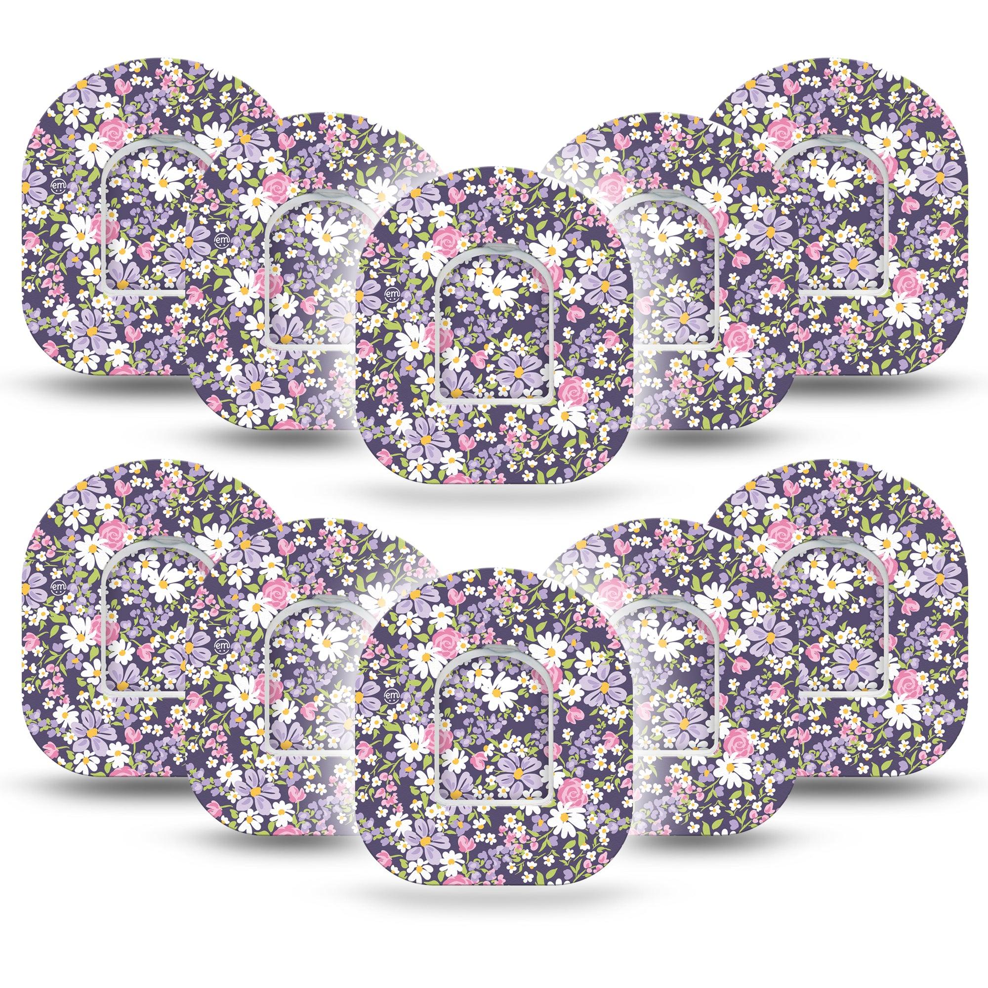 ExpressionMed Purple and Pink Flowers Omnipod Tape 10-Pack Tape and 10-Pack Sticker Tiny Lilac Pink Flower Blooms, Adhesive Patch Pump Design