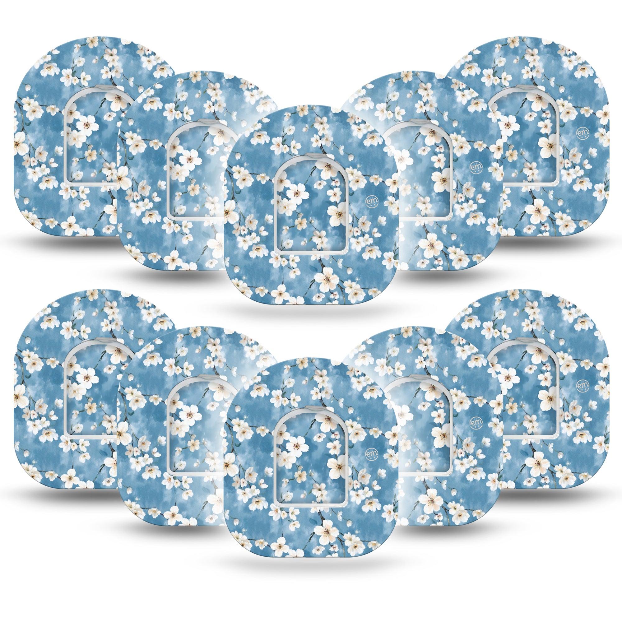 ExpressionMed Cherry Blossom Omnipod Tape 10-Pack Tape and 10-Pack Sticker Limewash Painted White Blooms, Adhesive Tape Pump Design
