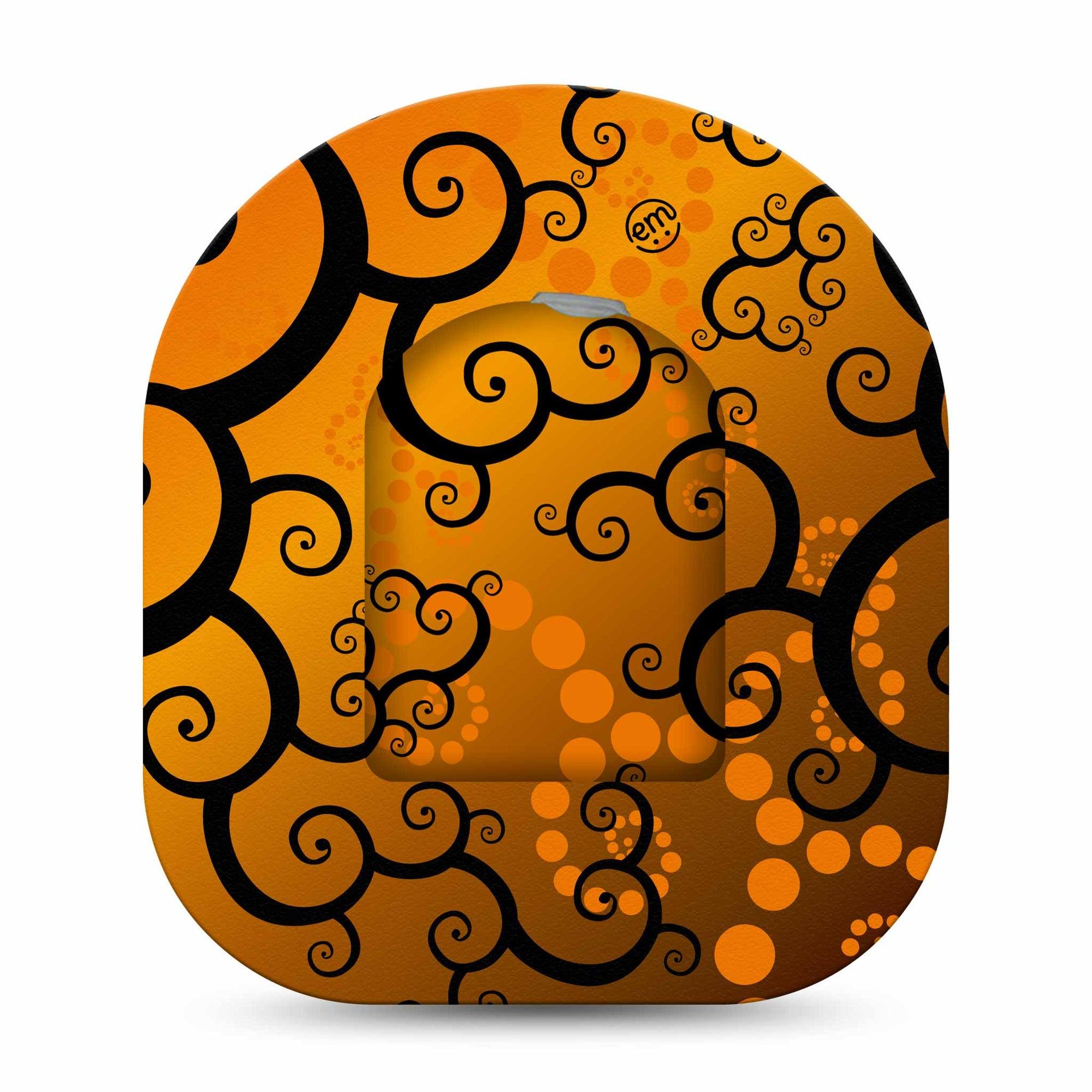 ExpressionMed Halloween Dreams Omnipod Sticker and Matching Adhesive Cover Orange Spooky Swirl Vinyl Pump Design