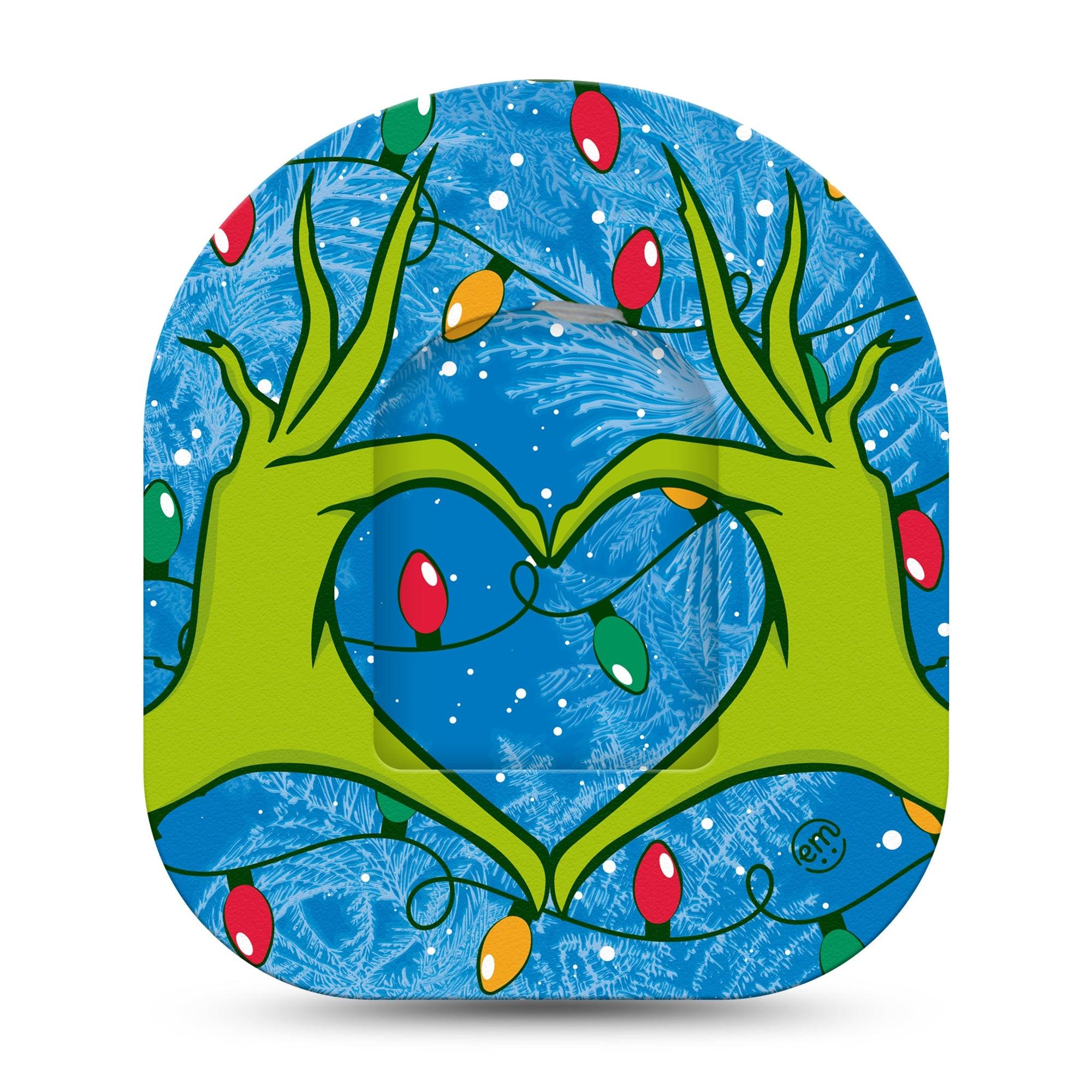 ExpressionMed Holiday Heart Hands Pod Sticker Fingers and Lights, Omnipod CGM Tape and Sticker Design