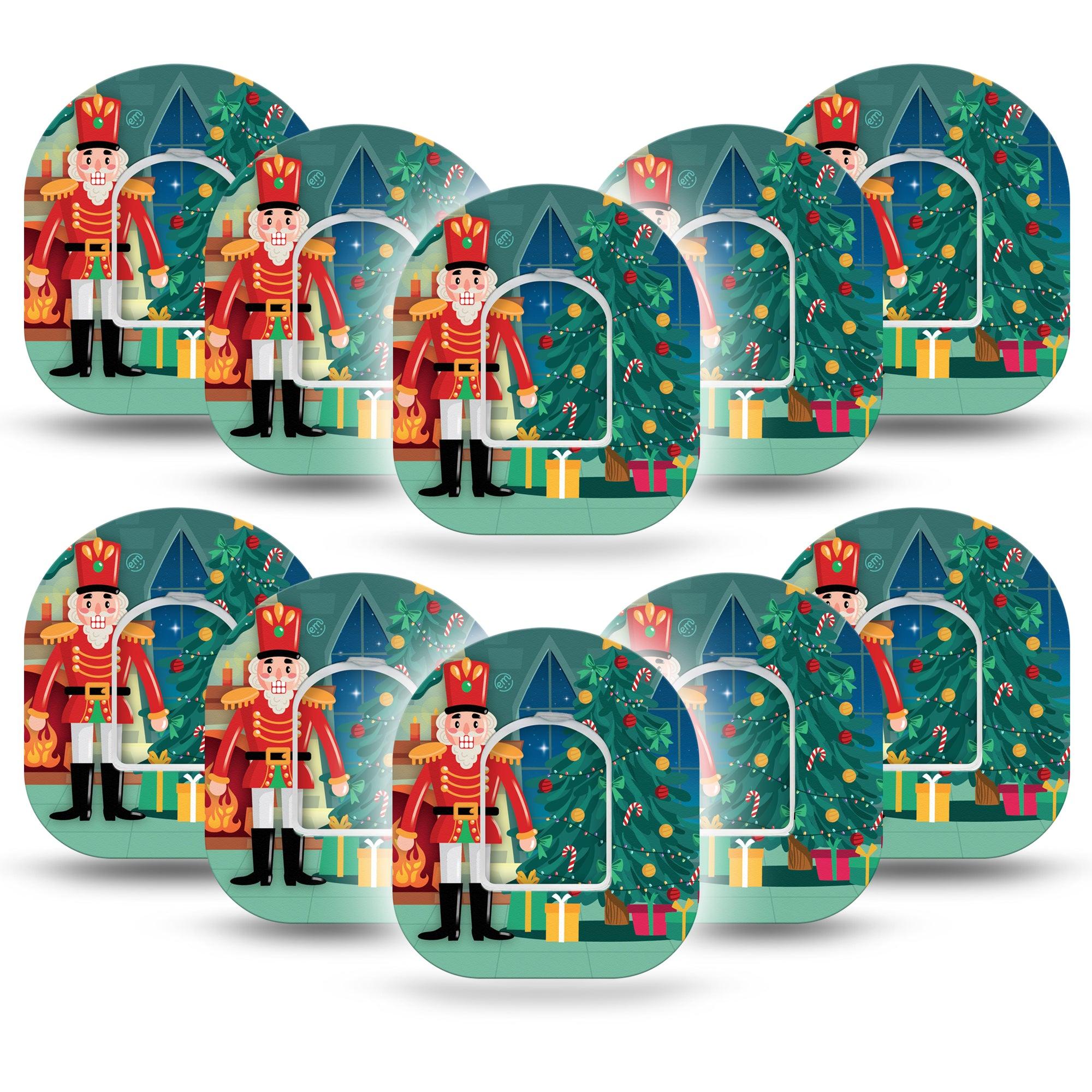 ExpressionMed Nutcracker Omnipod Tape 10-Pack Tape and 10-Pack Sticker Christmas Toy Soldier Theme, Adhesive Patch Pump Design