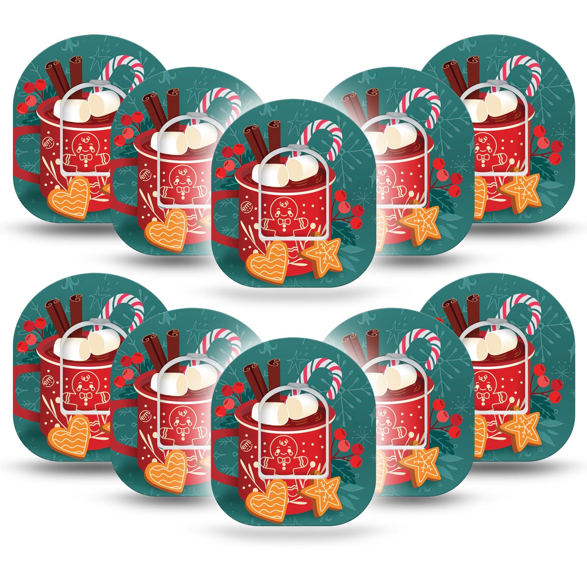 ExpressionMed Hot Chocolate Omnipod Tape 10-Pack Tape and 10-Pack Sticker Holiday Cookies and Chocolate Milk Theme, Adhesive Patch Pump Design