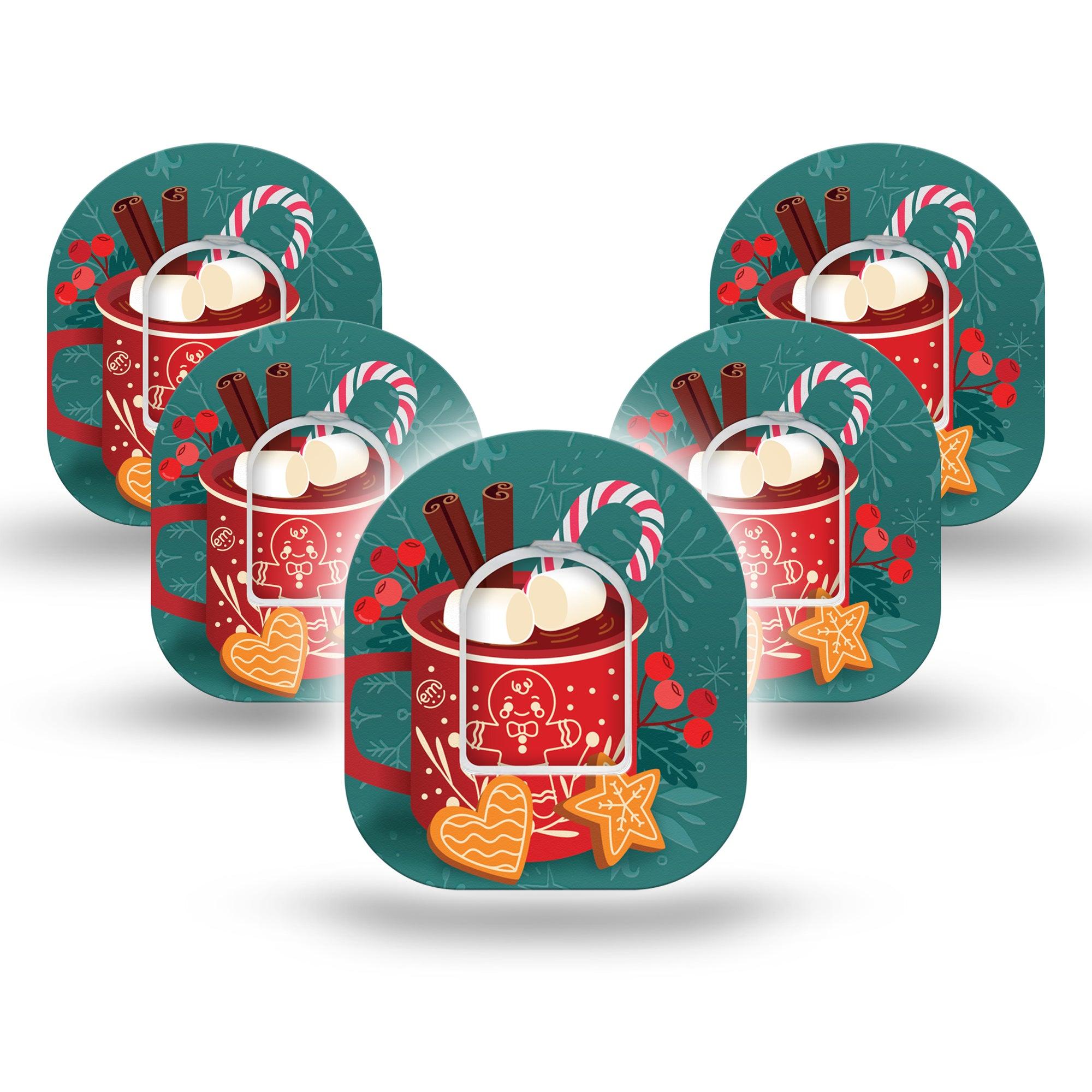 ExpressionMed Hot Chocolate Omnipod Tape 5-Pack Tape and 5-Pack Sticker Holiday Cookies and Chocolate Milk Theme, Adhesive Patch Pump Design