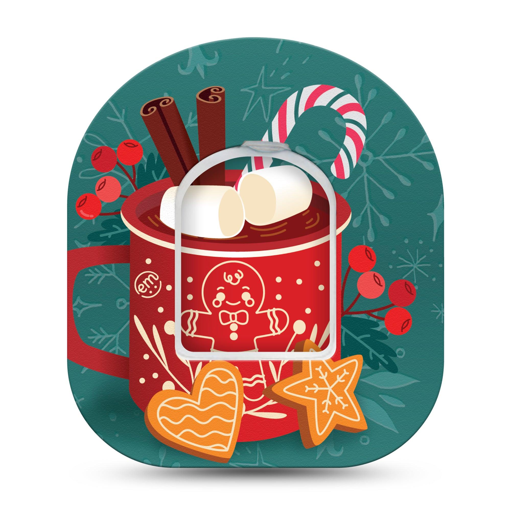 ExpressionMed Hot Chocolate Omnipod Tape Single Tape and Single Sticker Hot Chocolate with Christmas Marshmallows, Adhesive Patch Pump Design