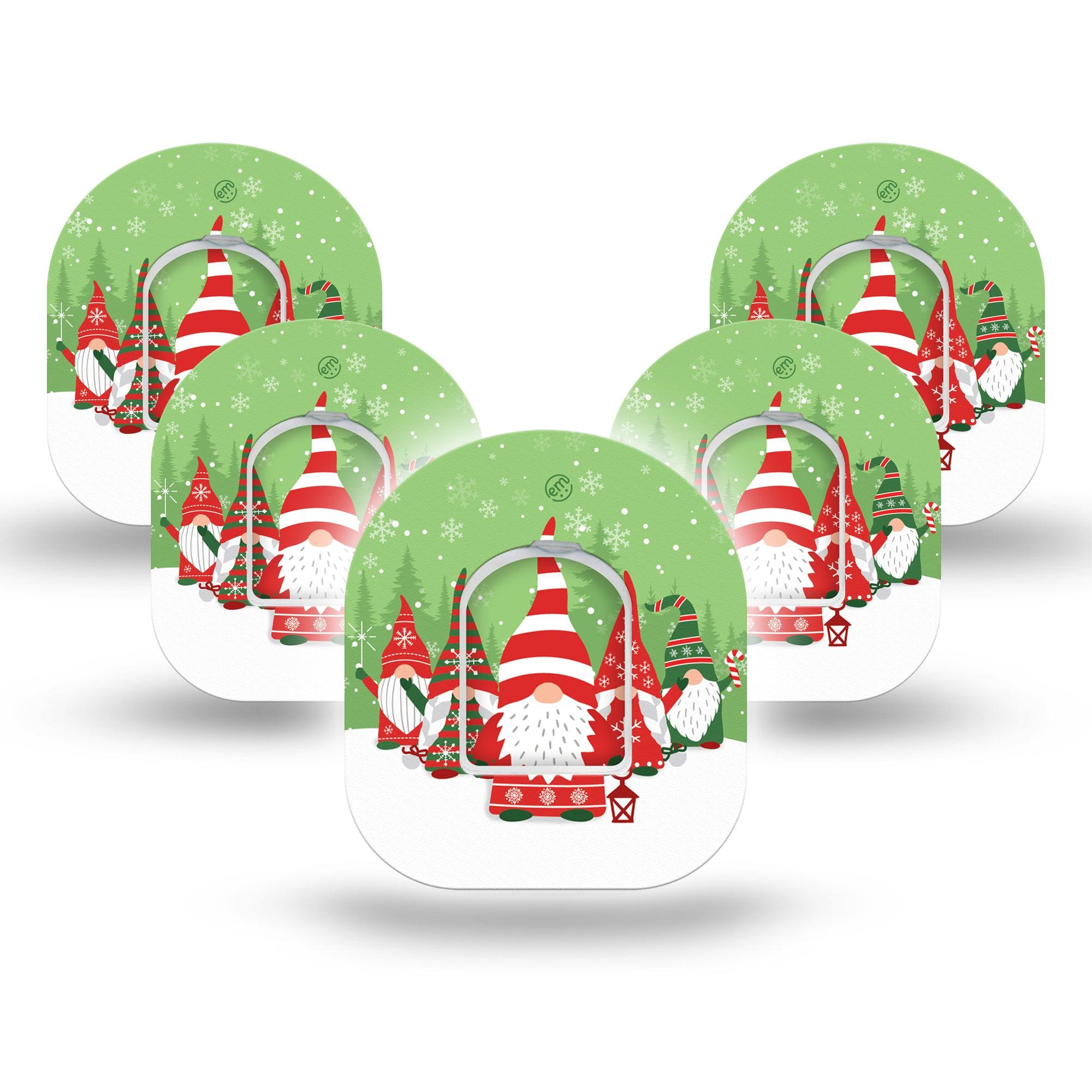 ExpressionMed Holiday Gnomies Omnipod Tape 5-Pack Tape and 5-Pack Sticker Bright Cute Christmas Gnomes, Adhesive Patch Pump Design