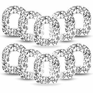 Custom Black and White Floral Pod Tape, 10-Pack, Black Outlined Flowers and Stems Design Omnipod Overlay Patch