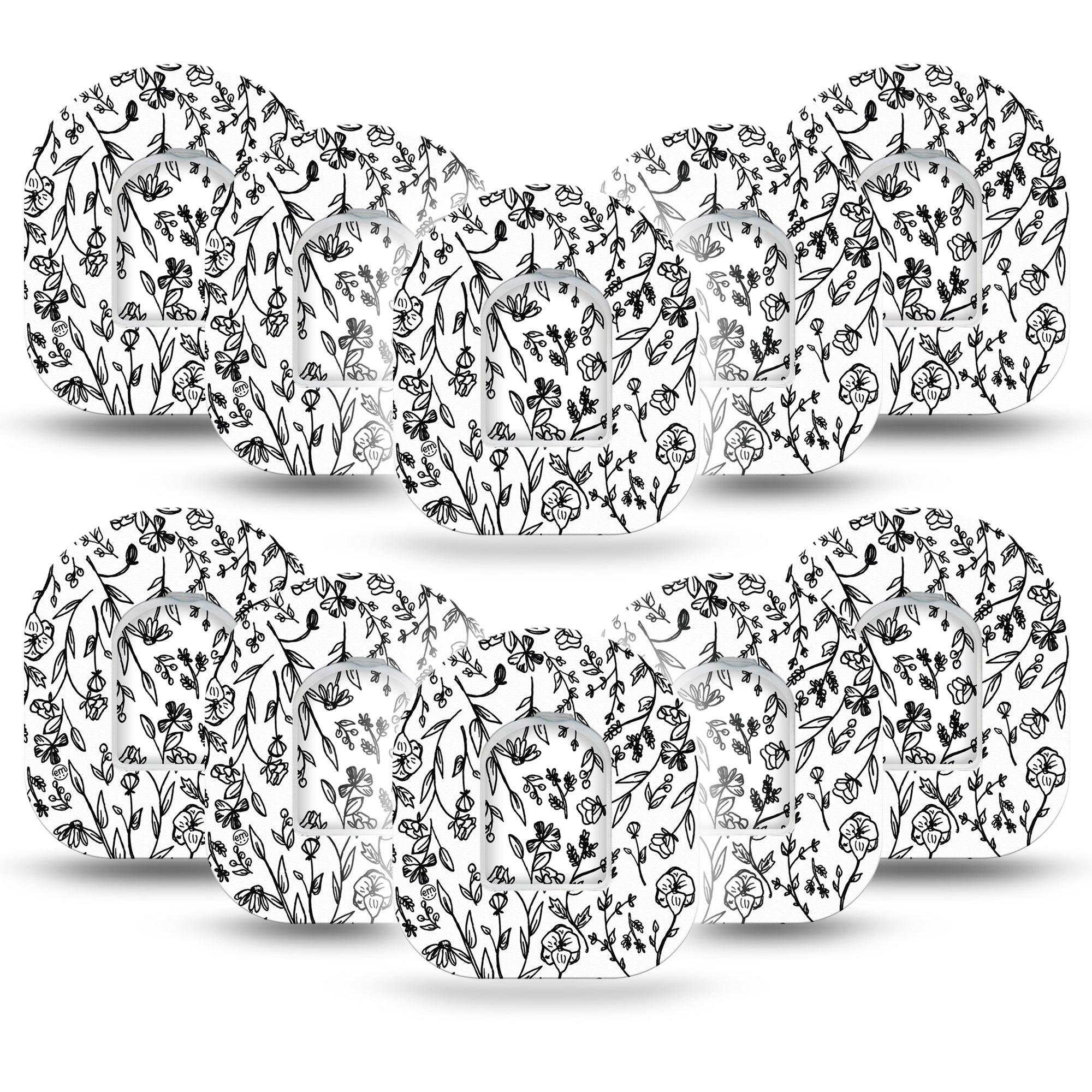 Custom Black and White Floral Pod Tape, 10-Pack, Black Outlined Flowers and Stems Design Omnipod Overlay Patch with center stickers
