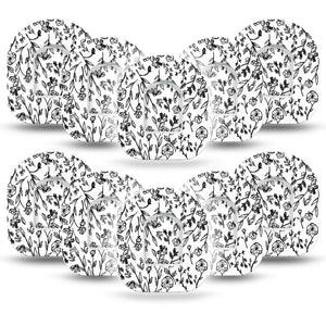 Custom Black and White Floral Pod Tape, 10-Pack, Black Outlined Flowers and Stems Design Omnipod Overlay Patch with center stickers