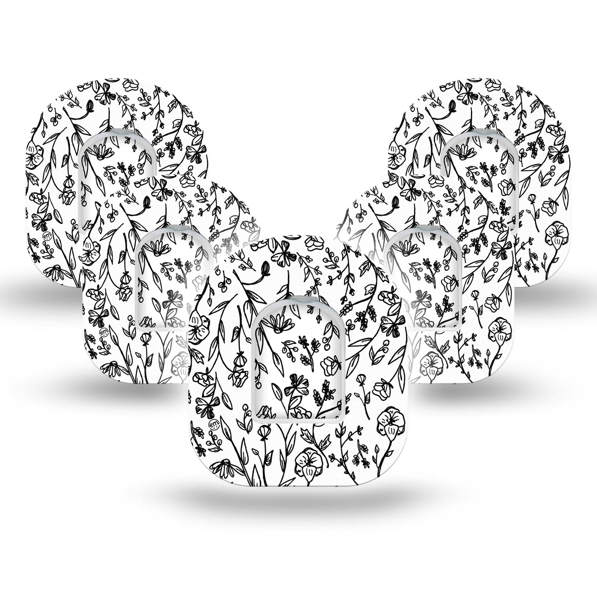 Custom Black and White Floral Pod Tape, 5-Pack, Black Outlined Flowers and Stems Design Omnipod Overlay Patch with center stickers