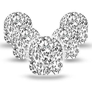 Custom Black and White Floral Pod Tape, 5-Pack, Black Outlined Flowers and Stems Design Omnipod Overlay Patch with center stickers