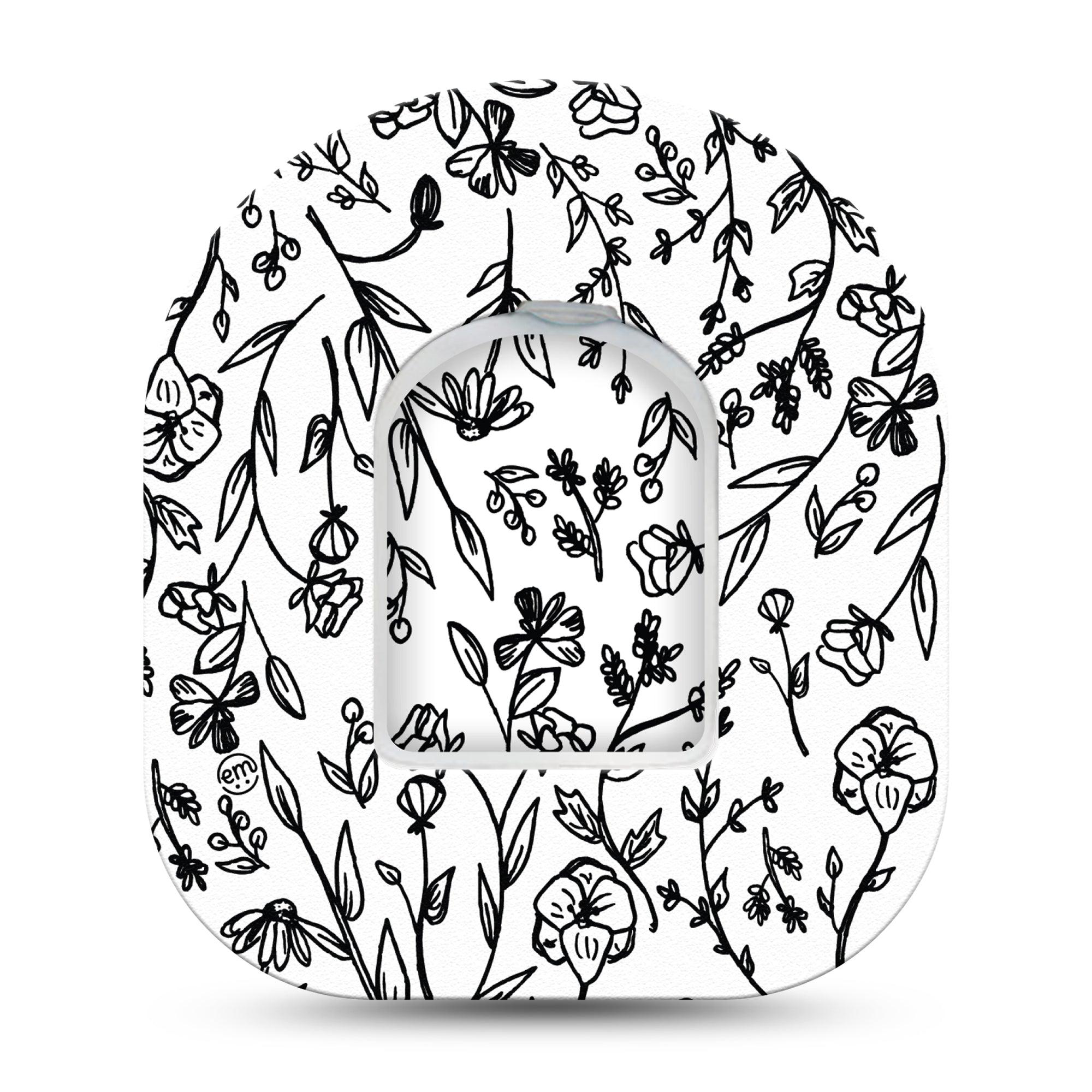 Custom Black and White Floral Pod Tape, Single, Black Outlined Florals Design Omnipod Overlay Patch with center sticker