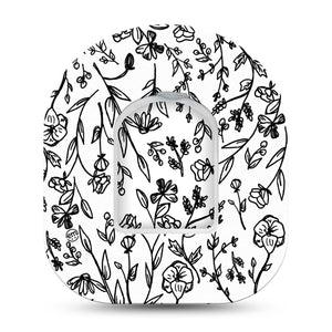 Custom Black and White Floral Pod Tape, Single, Black Outlined Florals Design Omnipod Overlay Patch with center sticker