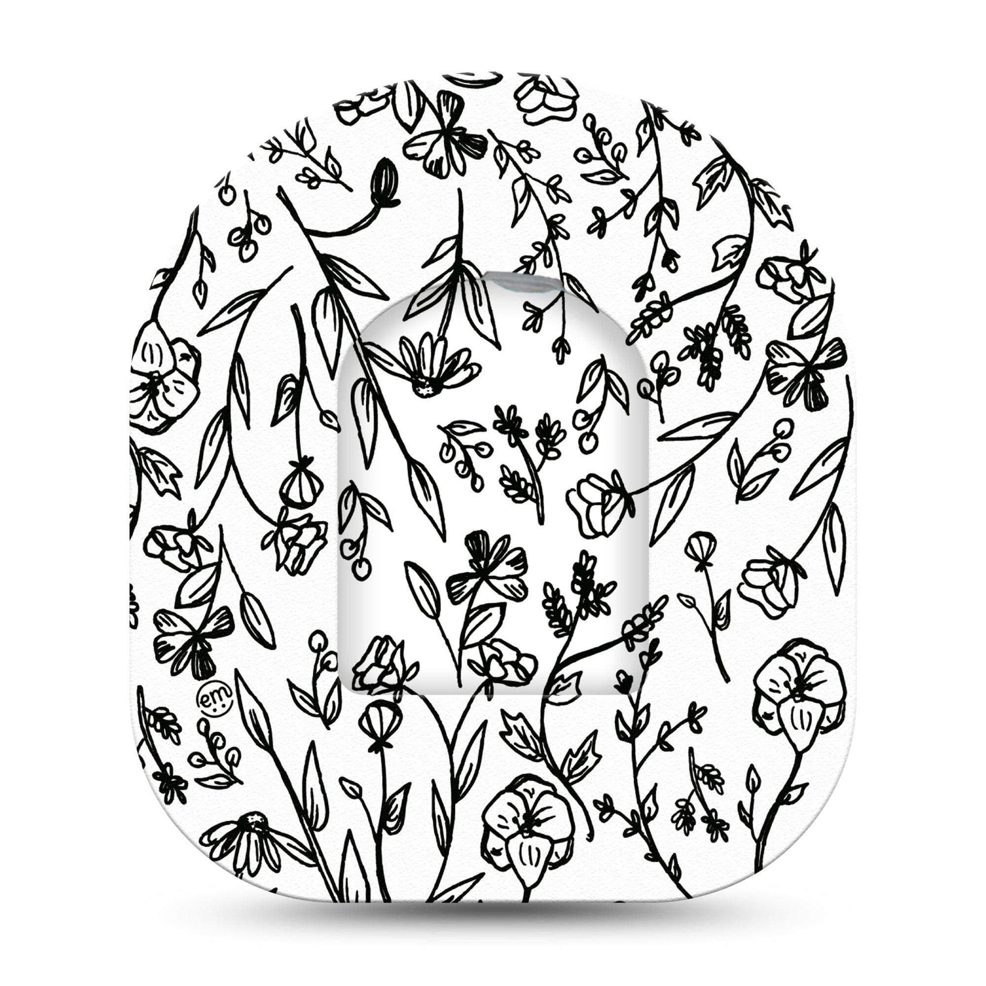 ExpressionMed Custom Black & White Floral Pod Center Sticker with Matching Tape Single Sticker Only Delicate Flower Outline Pump Vinyl Design