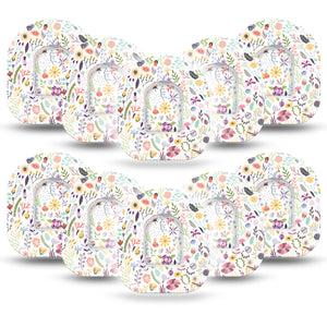 Springy Stems Pod Tape, Single, Variety of Colorful Florals and Stems Omnipod Overlay Patch Design 10-Pack with center stickers