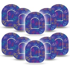 ExpressionMed Neon Bicycles Pod Tape, 10-Pack, Multiple Bright Colorful Bikes Omnipod Adhesive Patch with center stickers