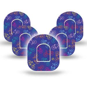 ExpressionMed Neon Bicycles Pod Tape, 5-Pack, Multiple Bright Colorful Bikes Omnipod Adhesive Patch with center stickers