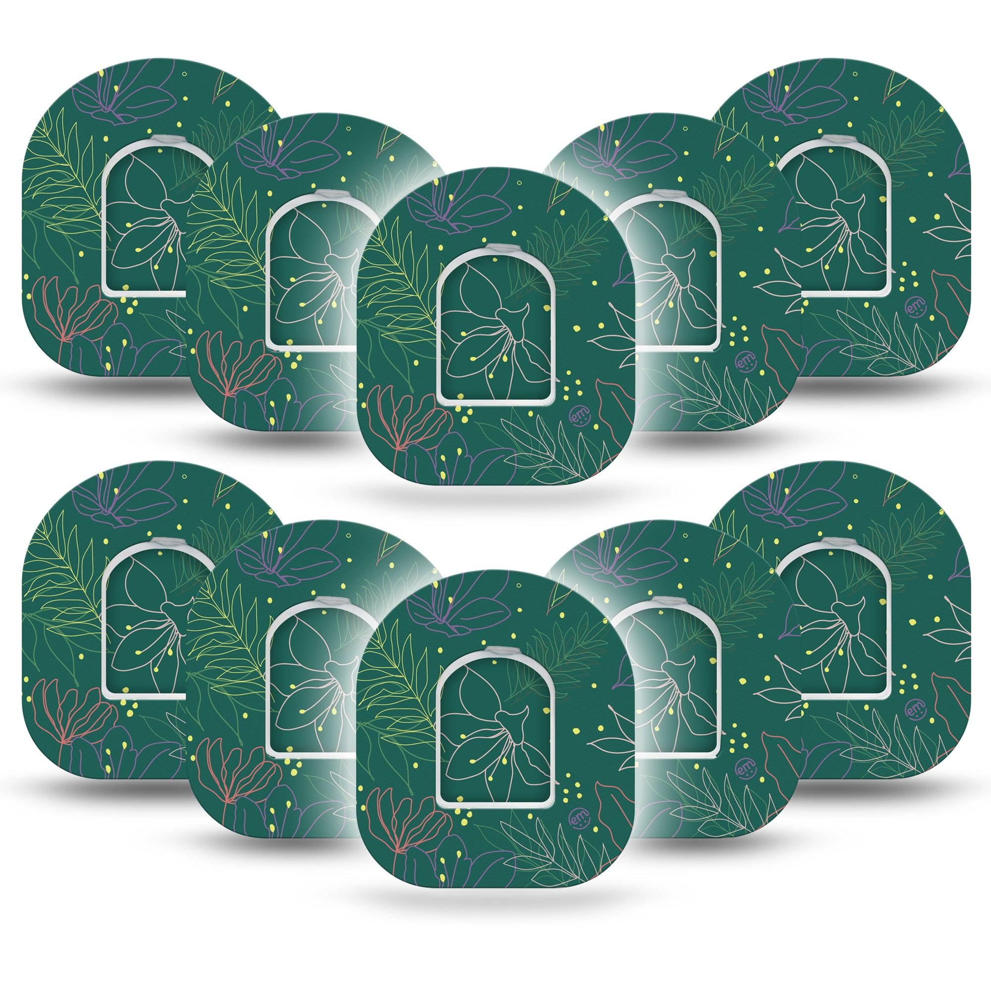 ExpressionMed Graphic Petals Omnipod Adhesive Patch, 10-Pack, green floral design with center stickers