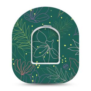 ExpressionMed Graphic Petals Omnipod Adhesive Patch, single Tape, green floral design with center sticker