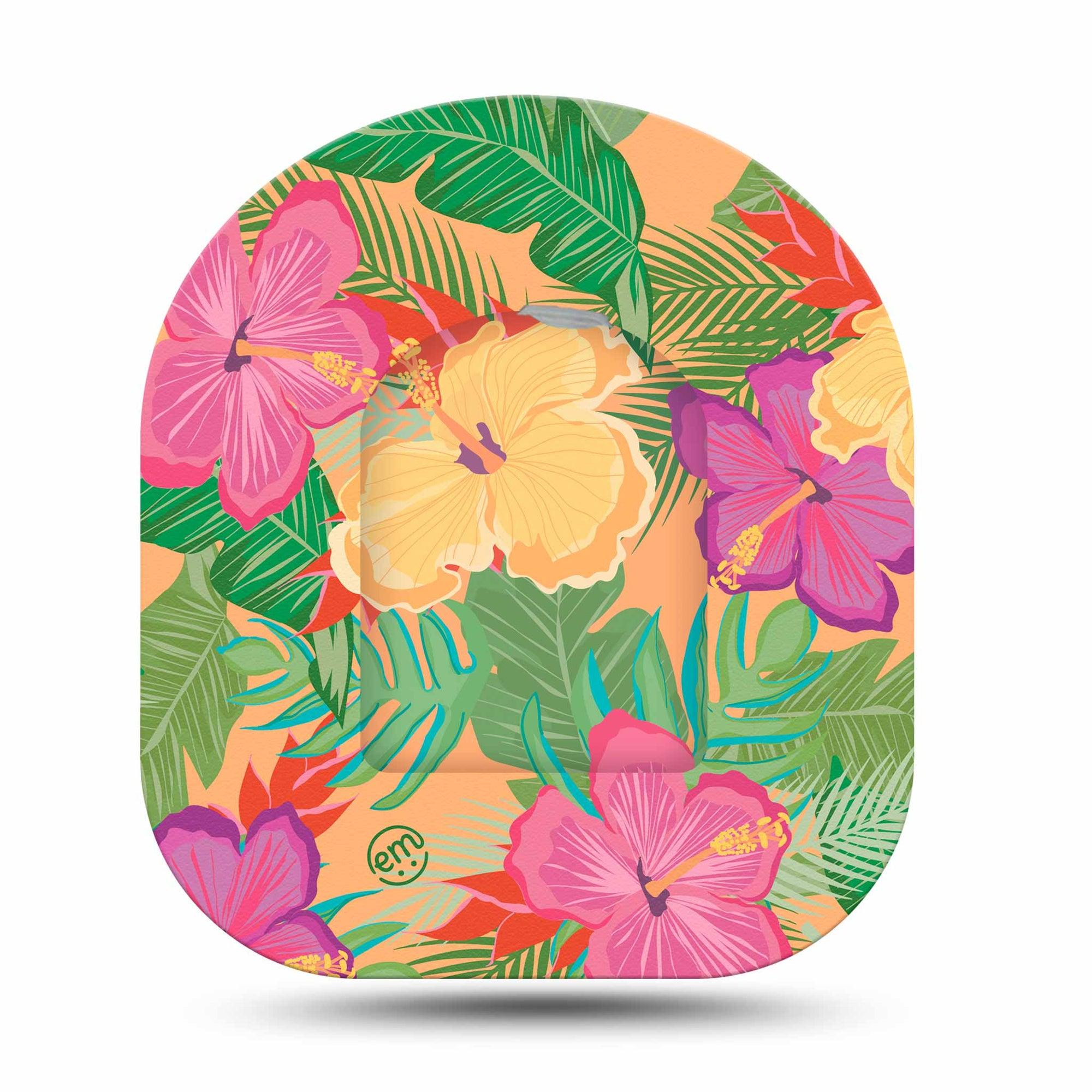 Bright Hibiscus Omnipod Pump Sticker and Matching Adhesive Patch Single Sticker Only Orange Pink Tropical Floral Theme Vinyl pump Design