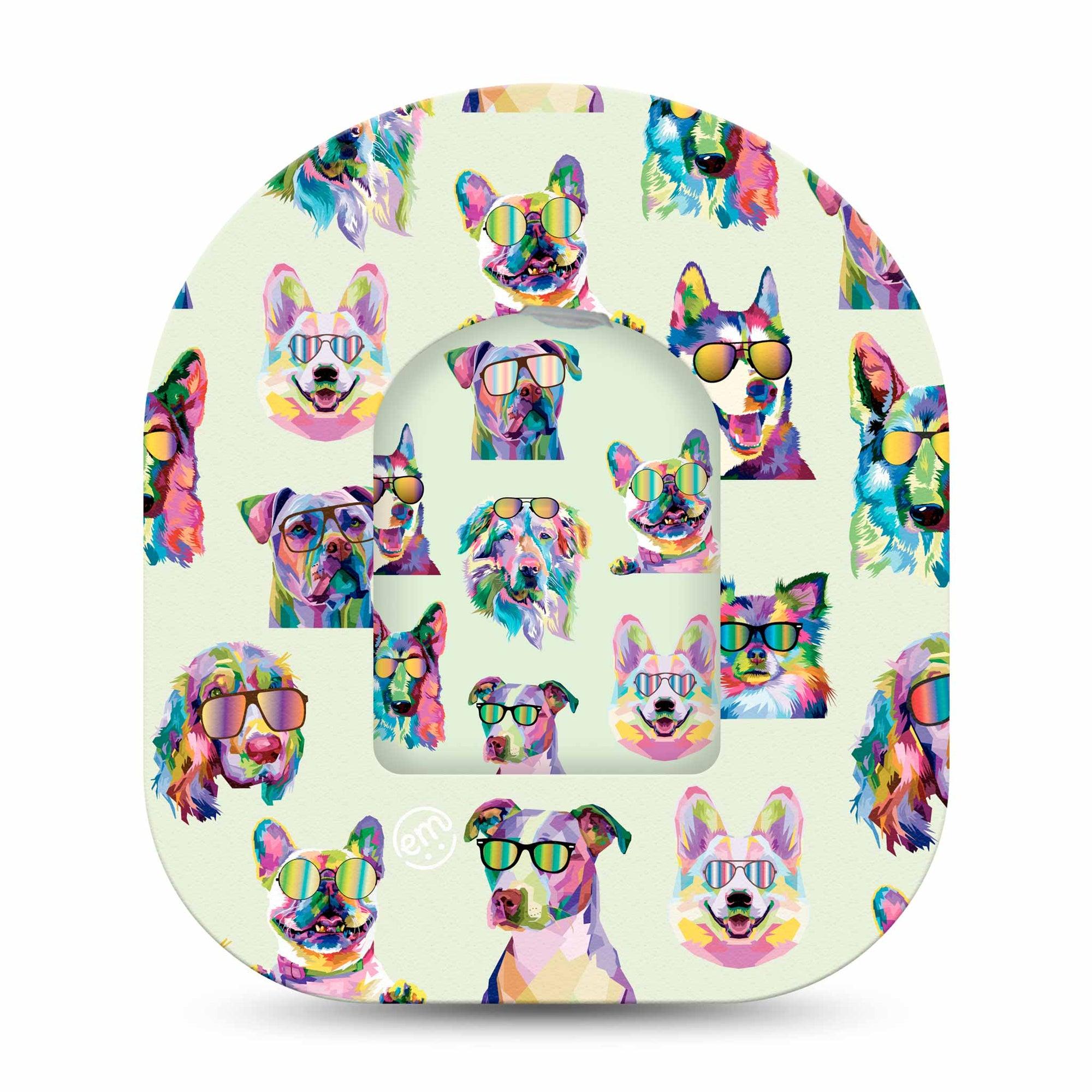 ExpressionMed Dog Party Omnipod Pump Sticker and Matching Pod Adhesive Patch Single Sticker Only Neon shaded dogs Vinyl Pump Design