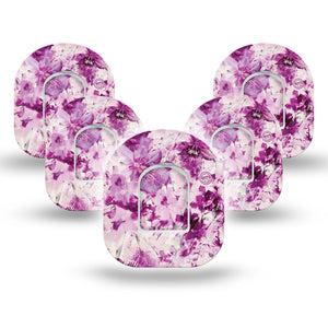Violet Orchids Omnipod Tape, Single, Purple Floral Overlay Adhesive Design 5-Pack with center stickers