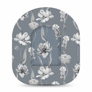 ExpressionMed Muted Petals Pod Full Wrap Sticker Single with Matching Omnipod Patch Sticker Gray scale flowers Decorative Decal Pump design