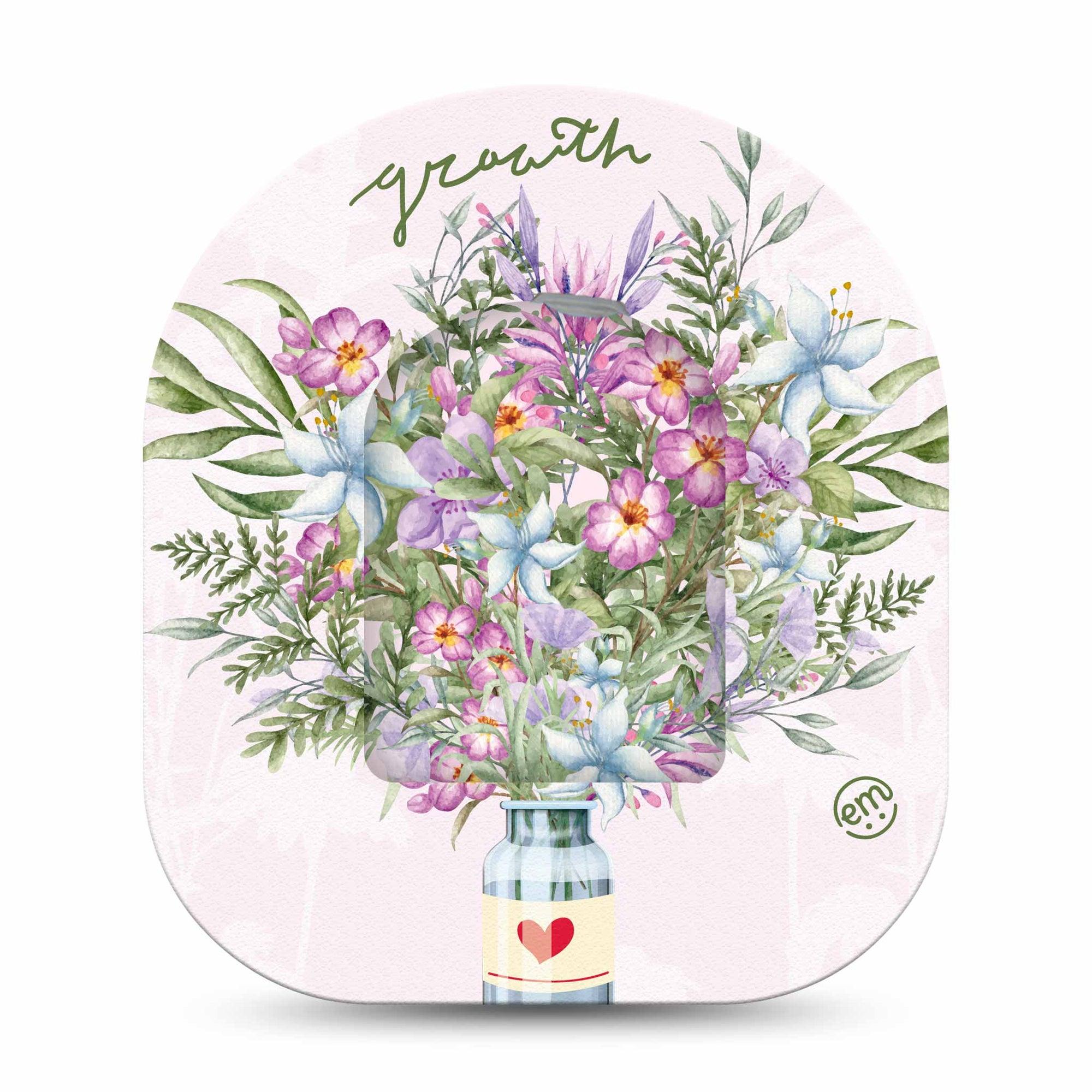 ExpressionMed Thriving Blossoms Omnipod Tape Surface Center Sticker Single Sticker with matching Single Pod Tape Floral Bouquet Inspired Vinyl Decoration Pump Design