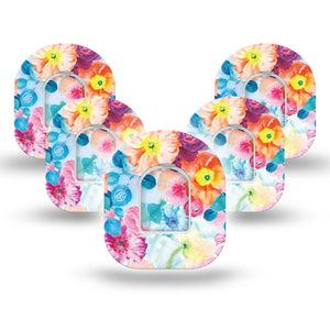 ExpressionMed Watercolor Poppies Omnipod Tape 5-Pack Tape + 5-Pack Sticker Pastel Florals, Adhesive Patch Pump Design