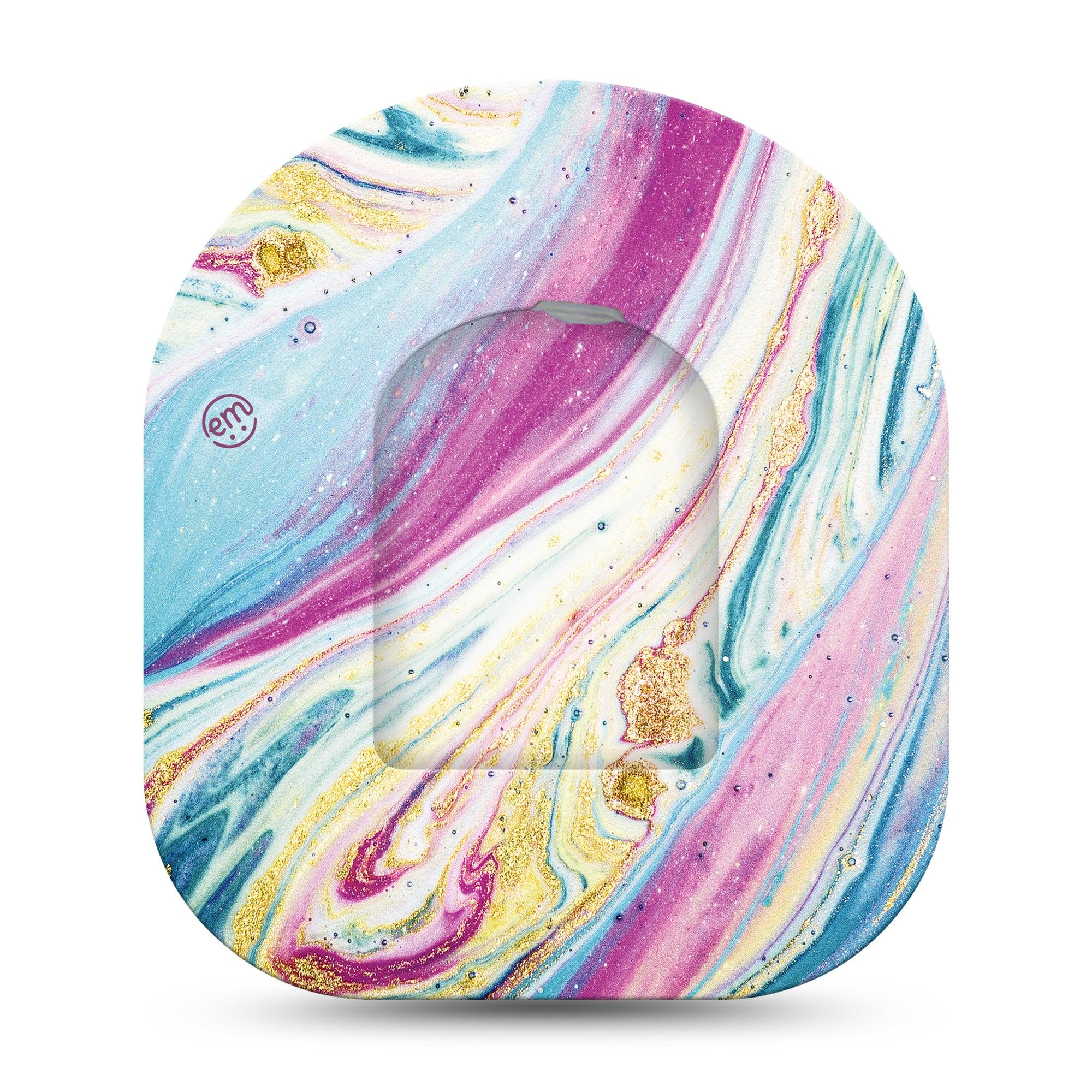 ExpressionMed Shimmering Marble Omnipod Surface Full Wrap Sticker and Mini Tape Purple Gold and Blue Glittering Swirl Vinyl Sticker and Tape Design Pump Design