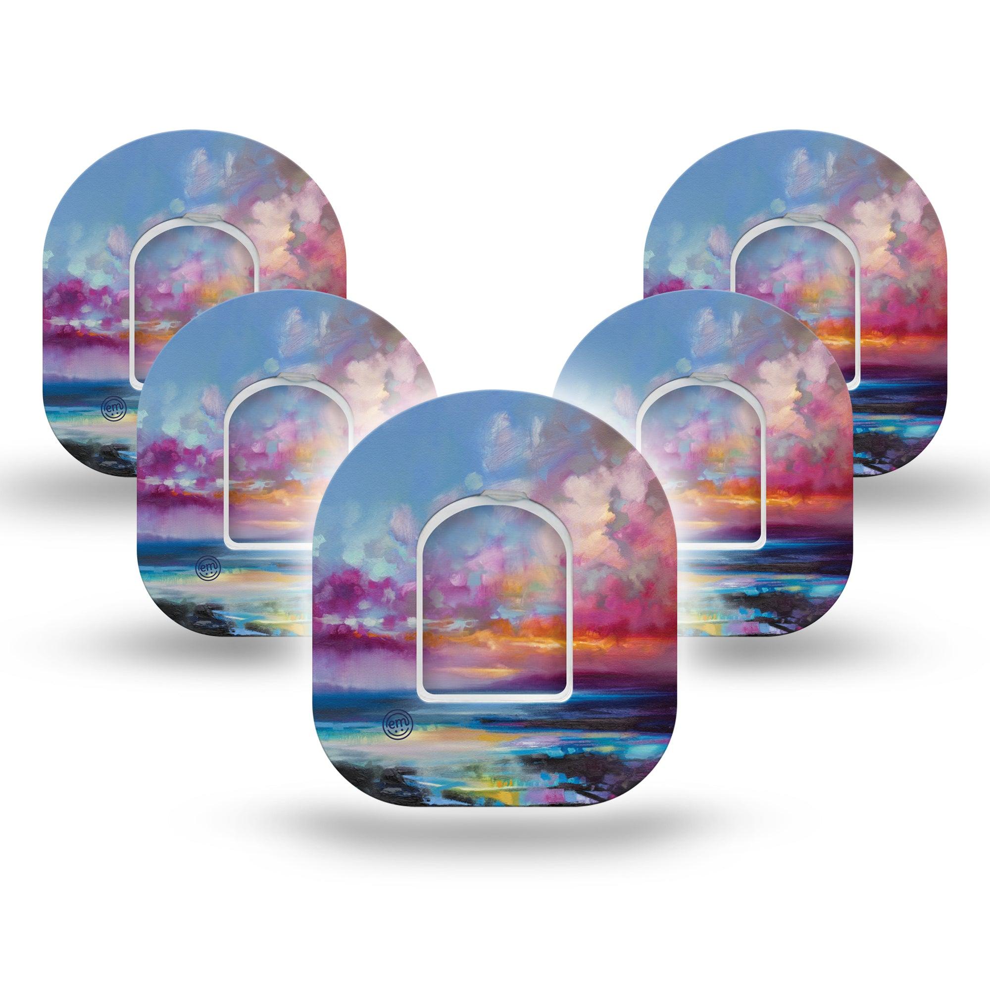 ExpressionMed Painted Skies Omnipod Tape 5-Pack Tape + 5-Pack Sticker Colorful Sunset, Adhesive Patch Pump Design