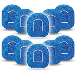 ExpressionMed Watercolor Waves Pod Tape, 10-Pack, Blue Waves Themed, CGM Plaster Patch Design with center stickers