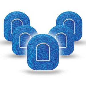 ExpressionMed Watercolor Waves Pod Tape, 5-Pack, Blue Waves Themed, CGM Plaster Patch Design with center stickers