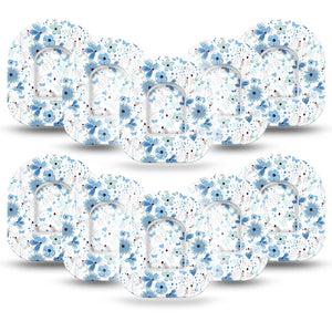 Cute Blue Flowers Pod Tape, 10-Pack, Scribbled Flowers Inspired, CGM Overlay Patch Design with center stickers