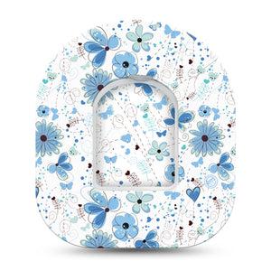 Cute Blue Flowers Pod Tape, Single, Doodle Florals Themed, CGM Patch Design with center sticker