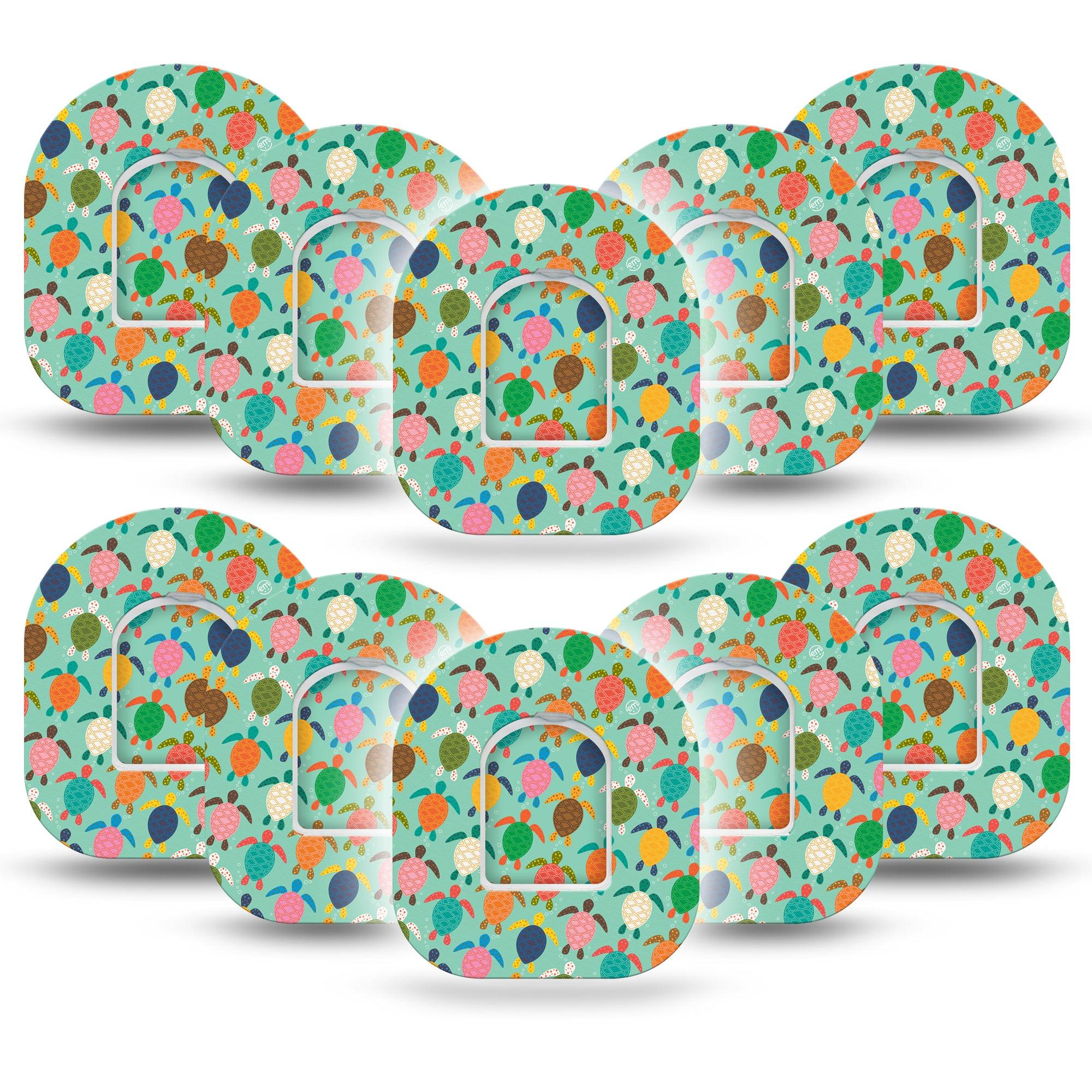 ExpressionMed Sea Turtles Omnipod Tape, 10-Pack Tape and 10-Pack Sticker Colorful Turtle Shells Themed, Adhesive Patch Pump Design