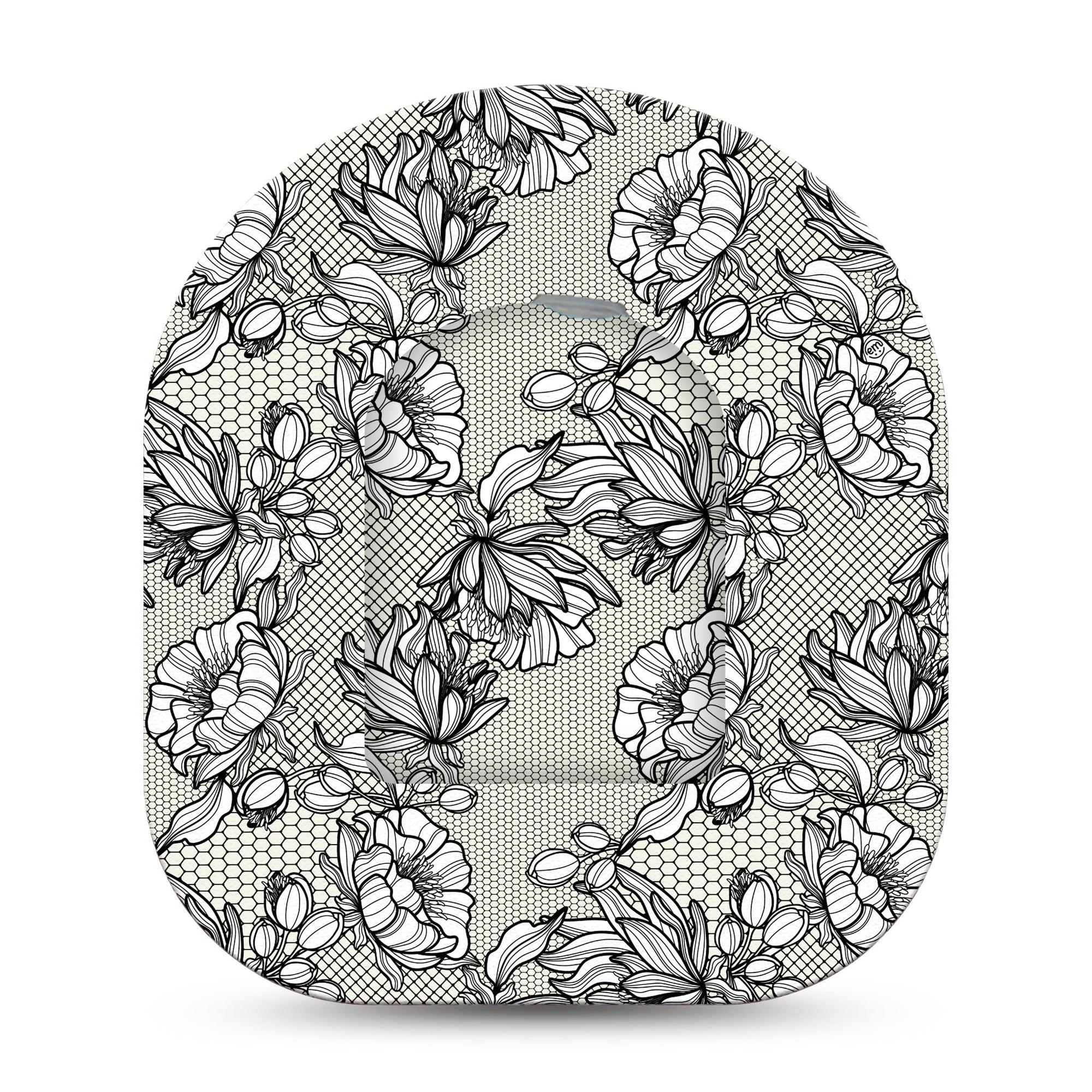 Black Lace Omnipod Center Device Sticker and matching adhesive tape Lacey Floral Black and White Pump Device Design