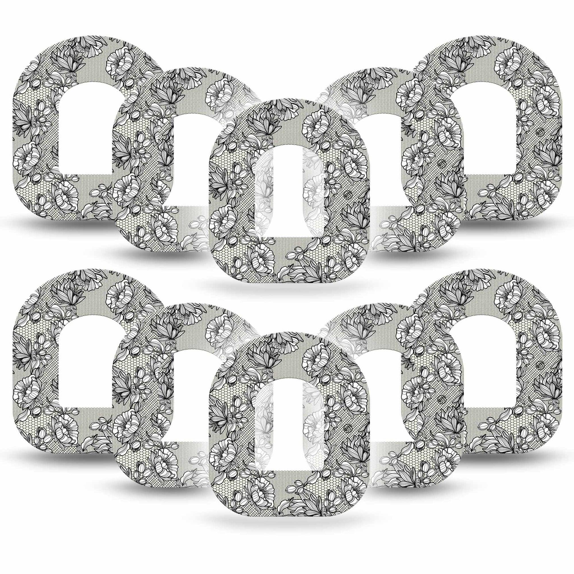 Black Lace Omnipod Patch, 10-pack, floral lace themed cgm adhesive tape design