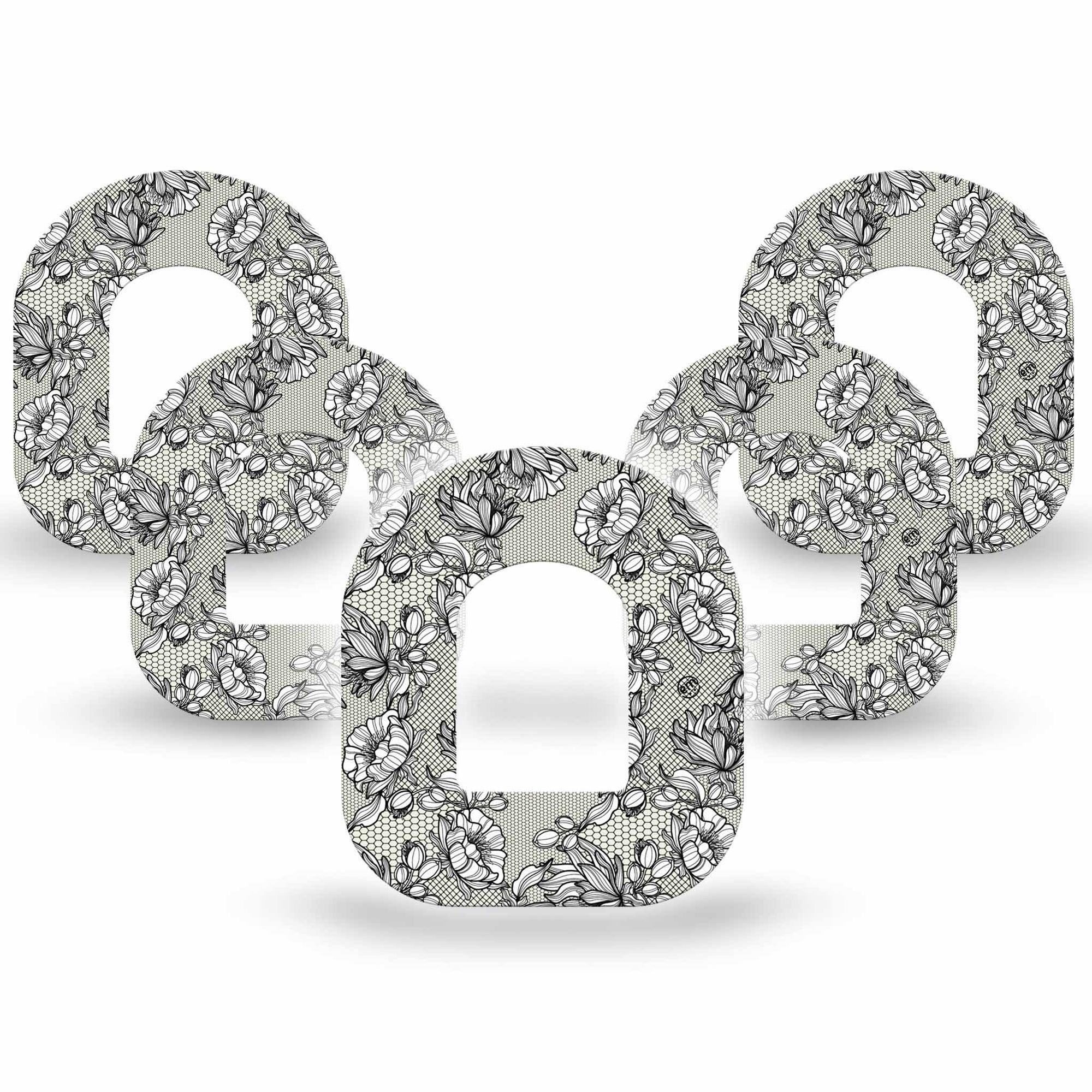 Black Lace Omnipod Patch, 5-pack, floral lace themed cgm adhesive tape design